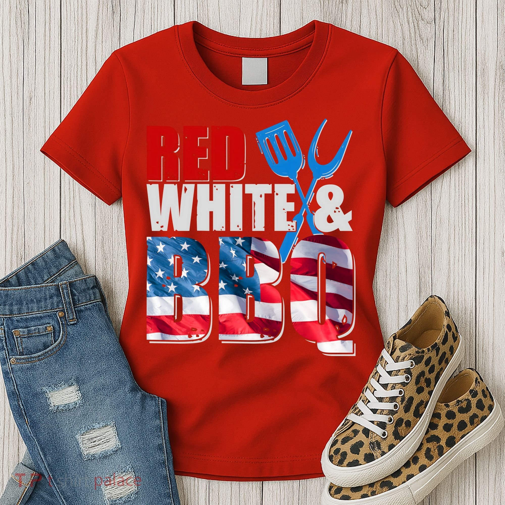 Red White And BBQ American USA Flag Women's T-Shirt
