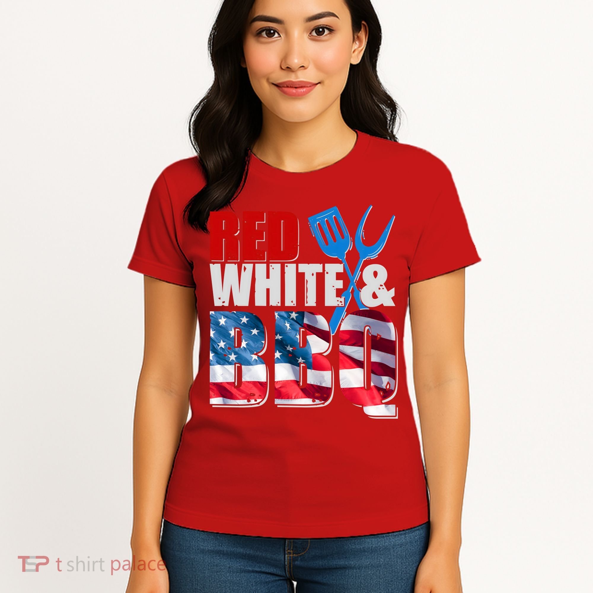 Red White And BBQ American USA Flag Women's T-Shirt