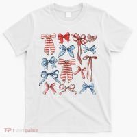 Red White And Blue American Coquette Bows Funny 4th Of July T-Shirt thumb 0