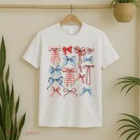 Red White And Blue American Coquette Bows Funny 4th Of July T-Shirt thumb 2