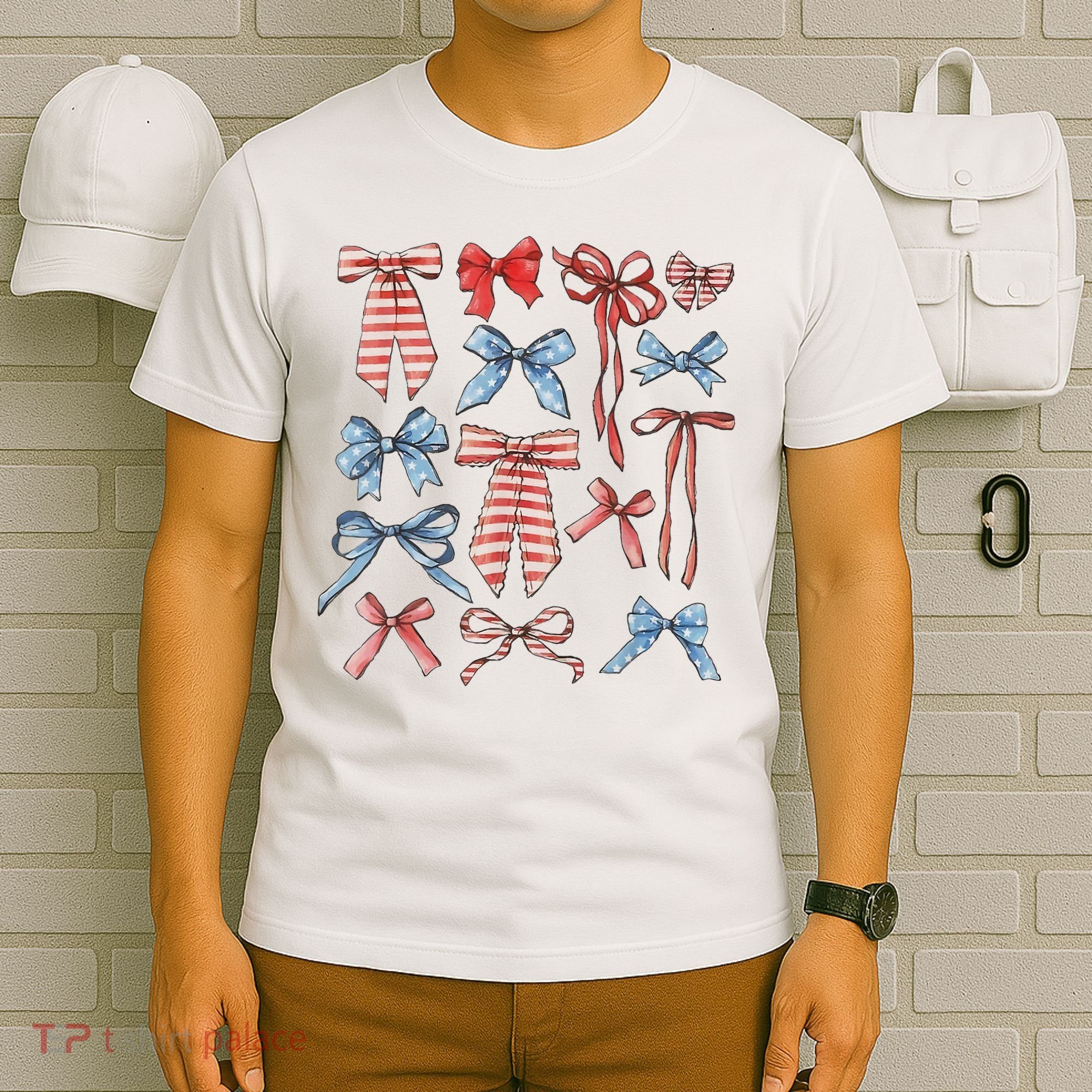 Red White And Blue American Coquette Bows Funny 4th Of July T-Shirt