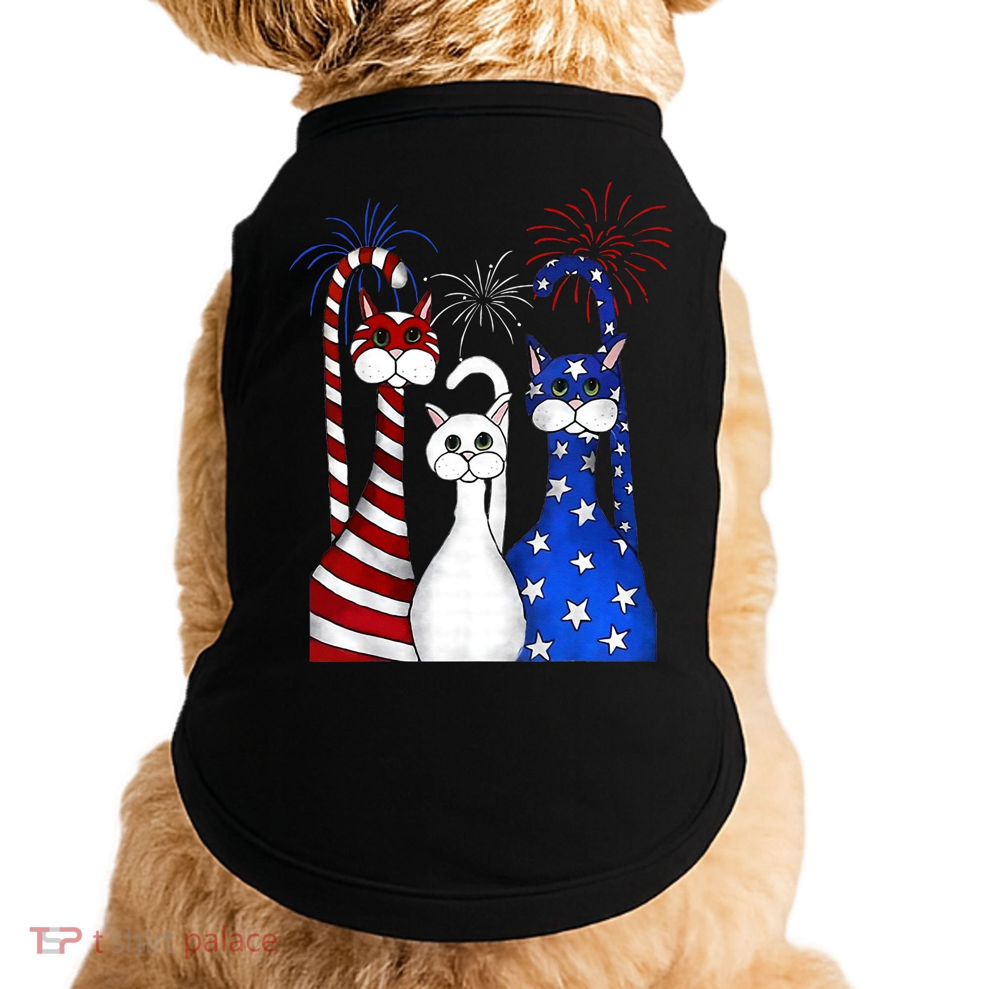 Red White Blue Cats USA Flag Firework 4th Of July Doggie Tank