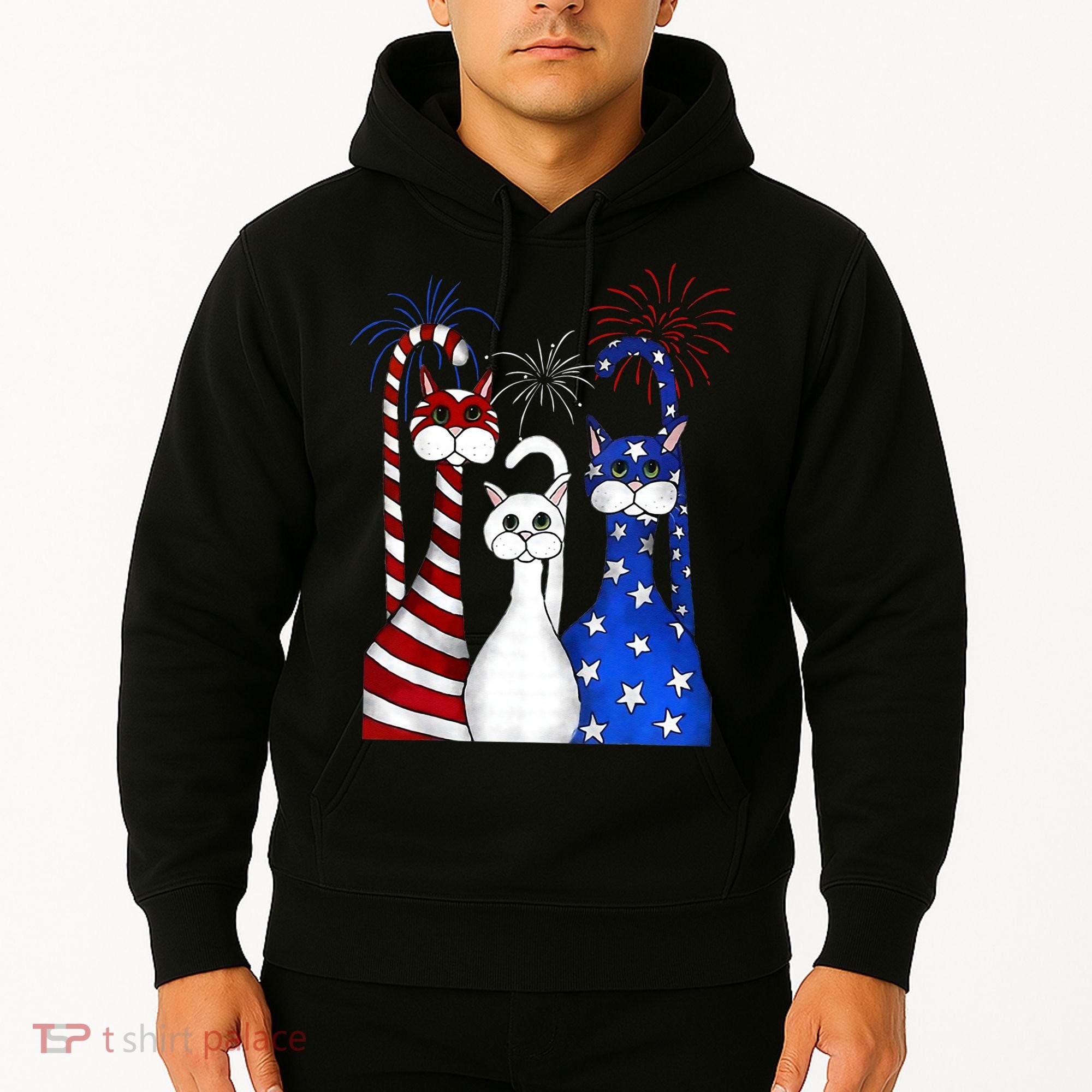 Red White Blue Cats USA Flag Firework 4th Of July Hoodie
