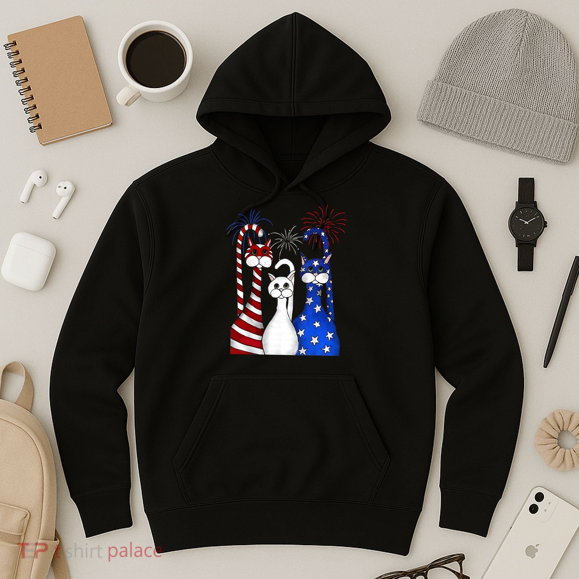 Red White Blue Cats USA Flag Firework 4th Of July Hoodie