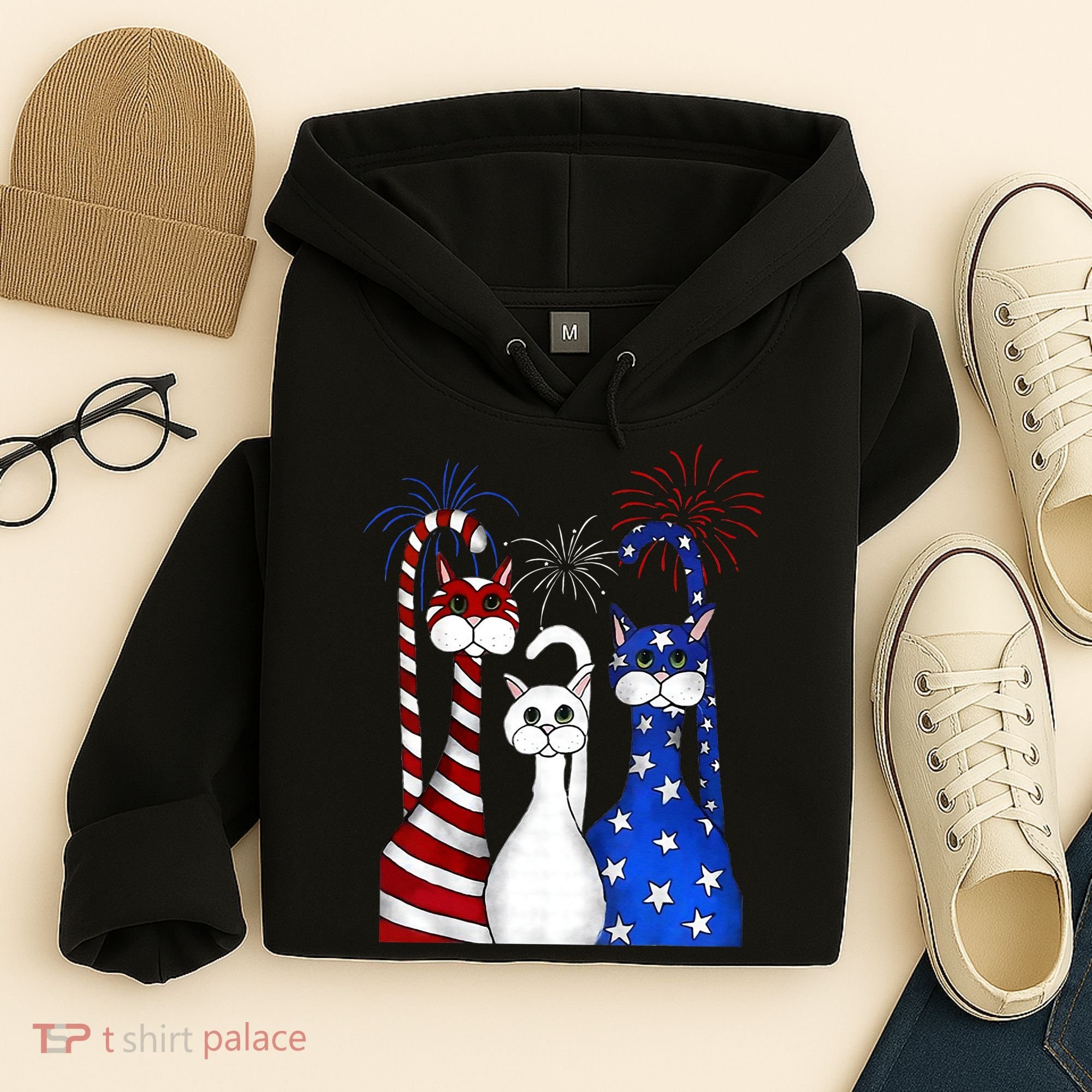 Red White Blue Cats USA Flag Firework 4th Of July Hoodie