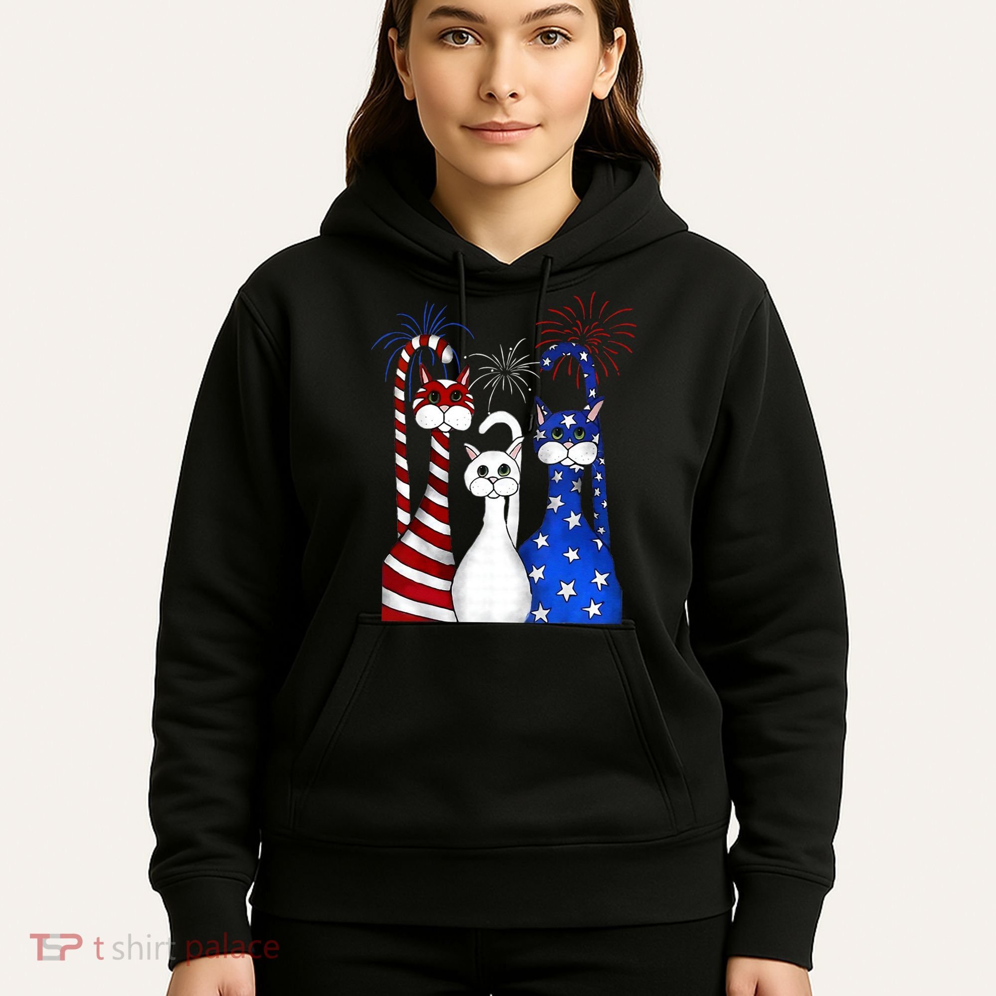 Red White Blue Cats USA Flag Firework 4th Of July Hoodie