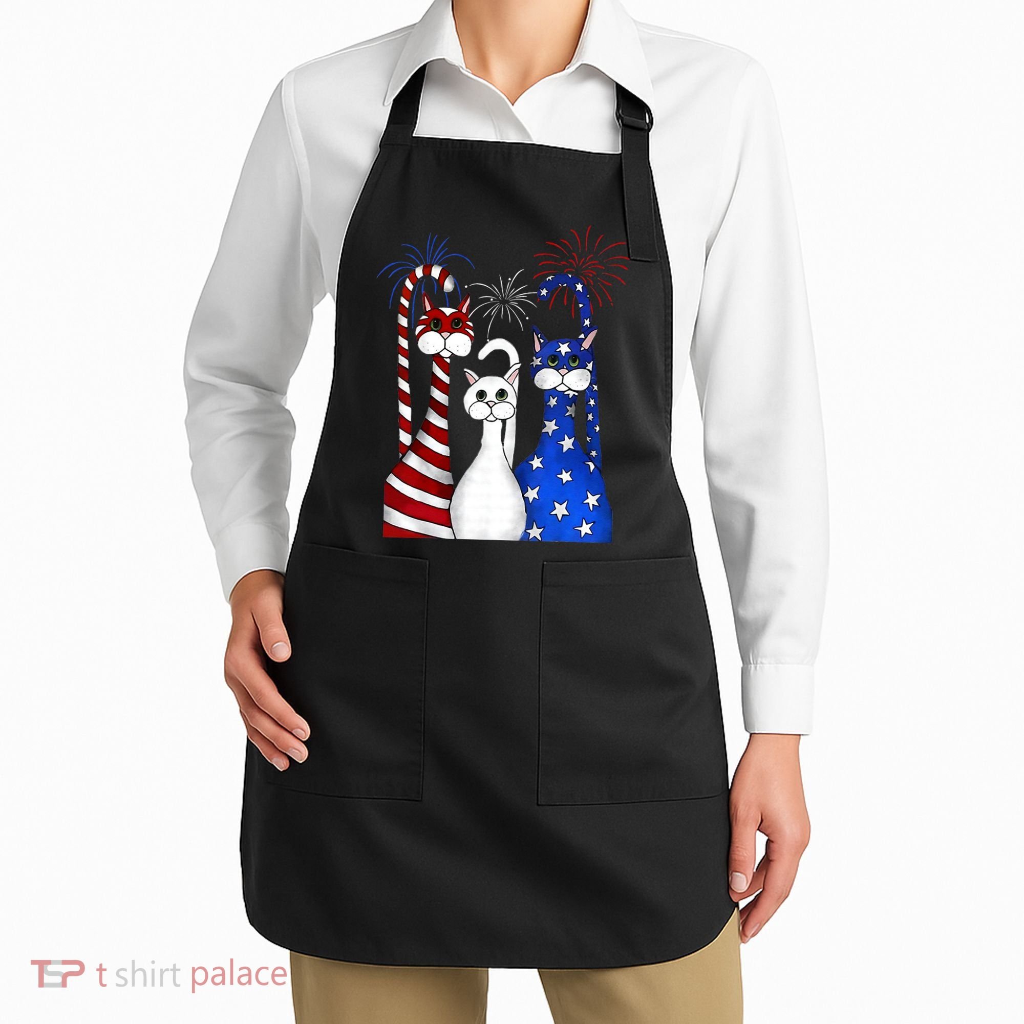 Red White Blue Cats USA Flag Firework 4th Of July Apron