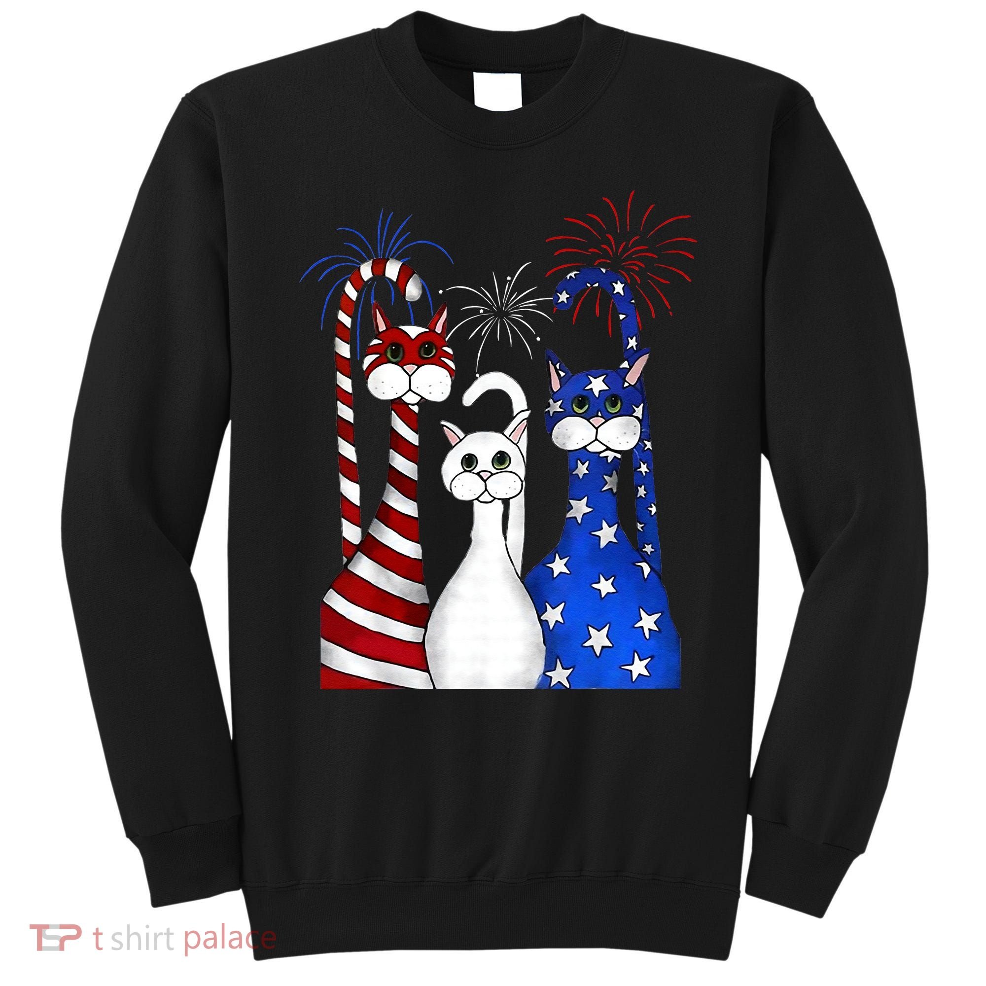 Red White Blue Cats USA Flag Firework 4th Of July Sweatshirt
