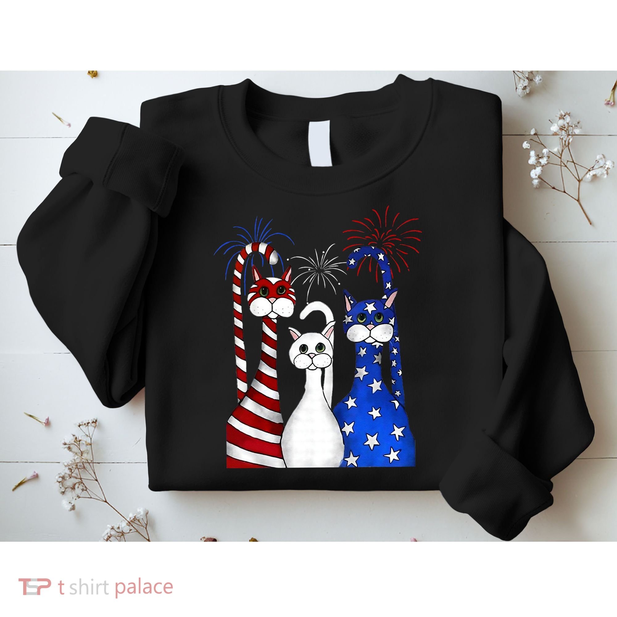 Red White Blue Cats USA Flag Firework 4th Of July Sweatshirt