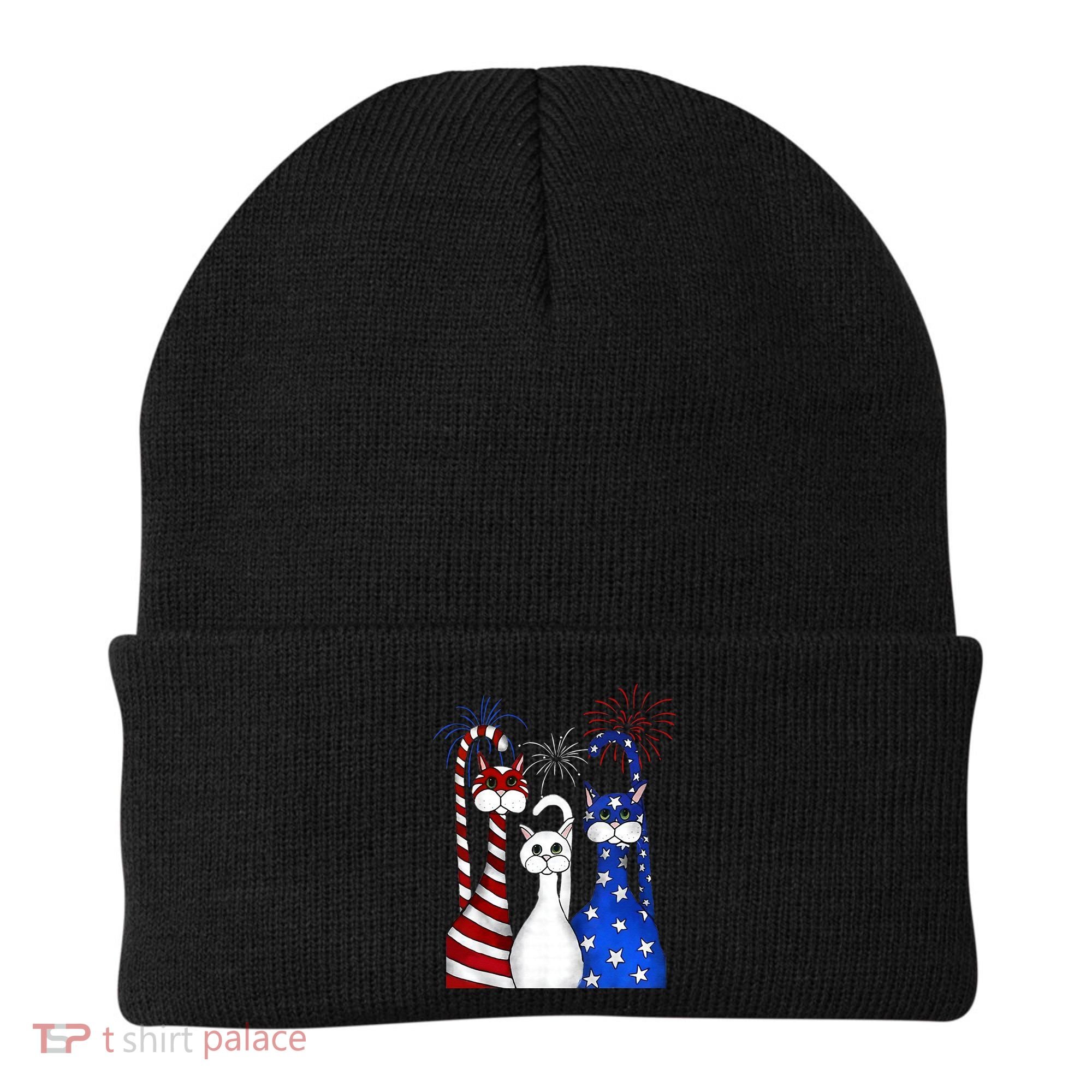 Red White Blue Cats USA Flag Firework 4th Of July Beanie