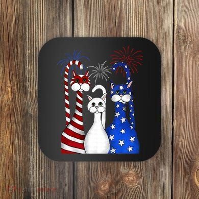 Red White Blue Cats USA Flag Firework 4th Of July Coaster