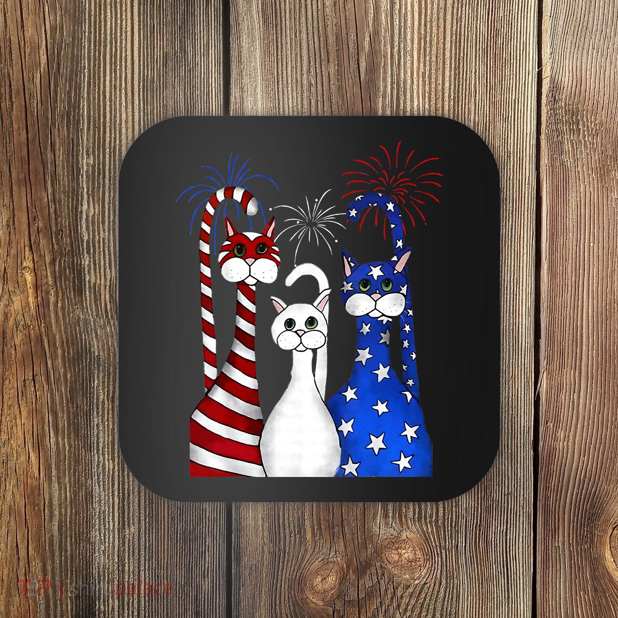 Red White Blue Cats USA Flag Firework 4th Of July Coaster