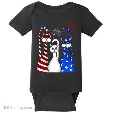 Red White Blue Cats USA Flag Firework 4th Of July Baby Bodysuit
