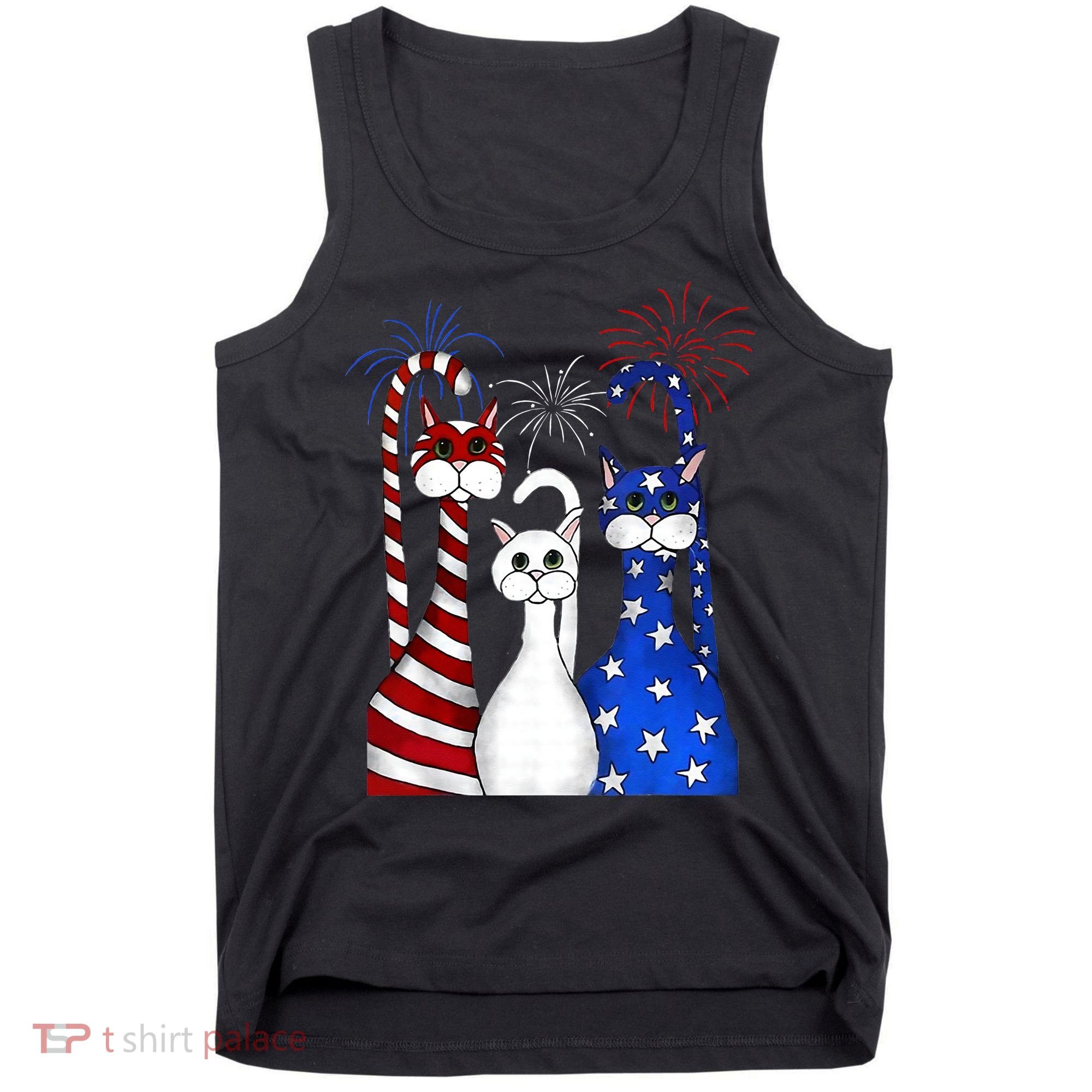 Red White Blue Cats USA Flag Firework 4th Of July Tank Top