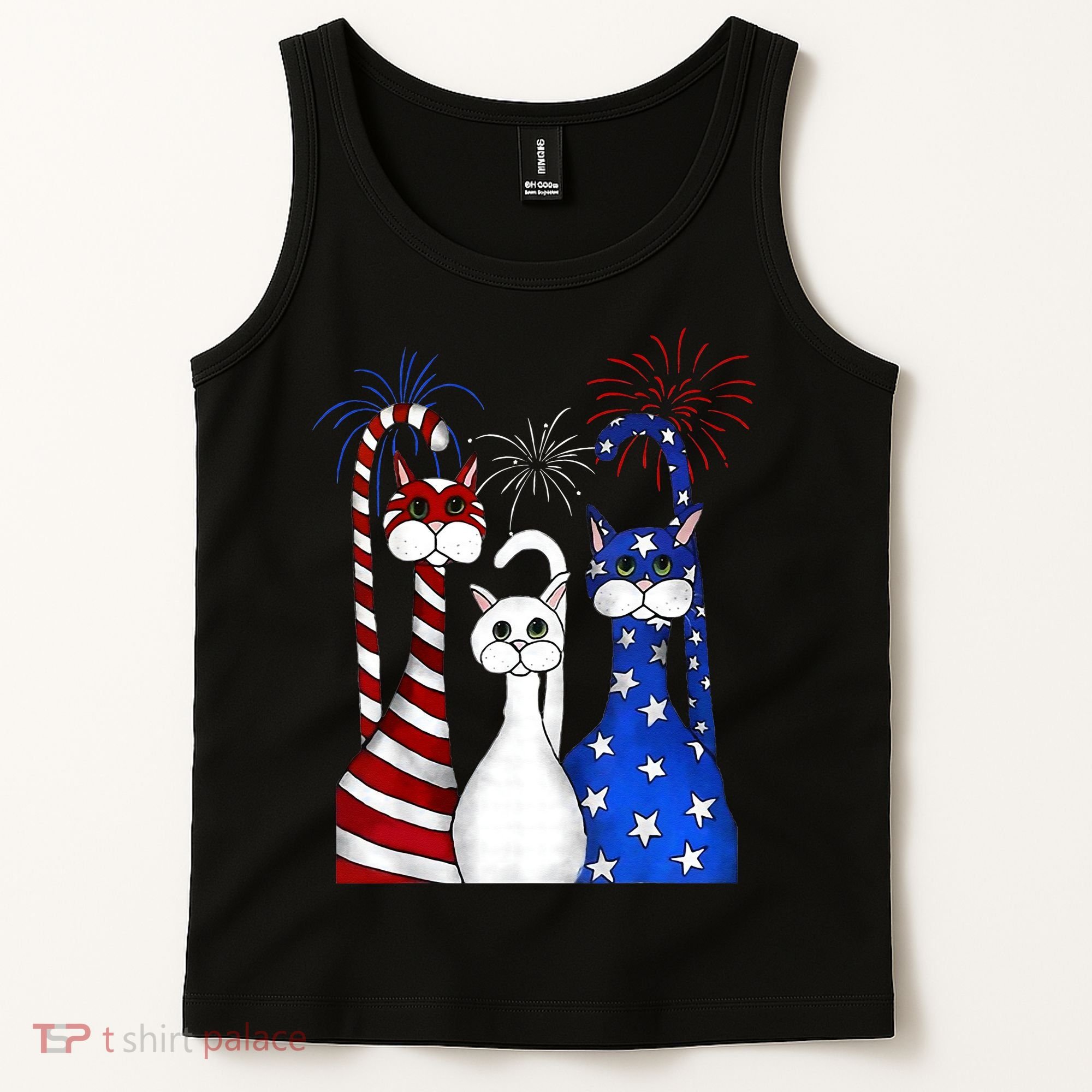 Red White Blue Cats USA Flag Firework 4th Of July Tank Top