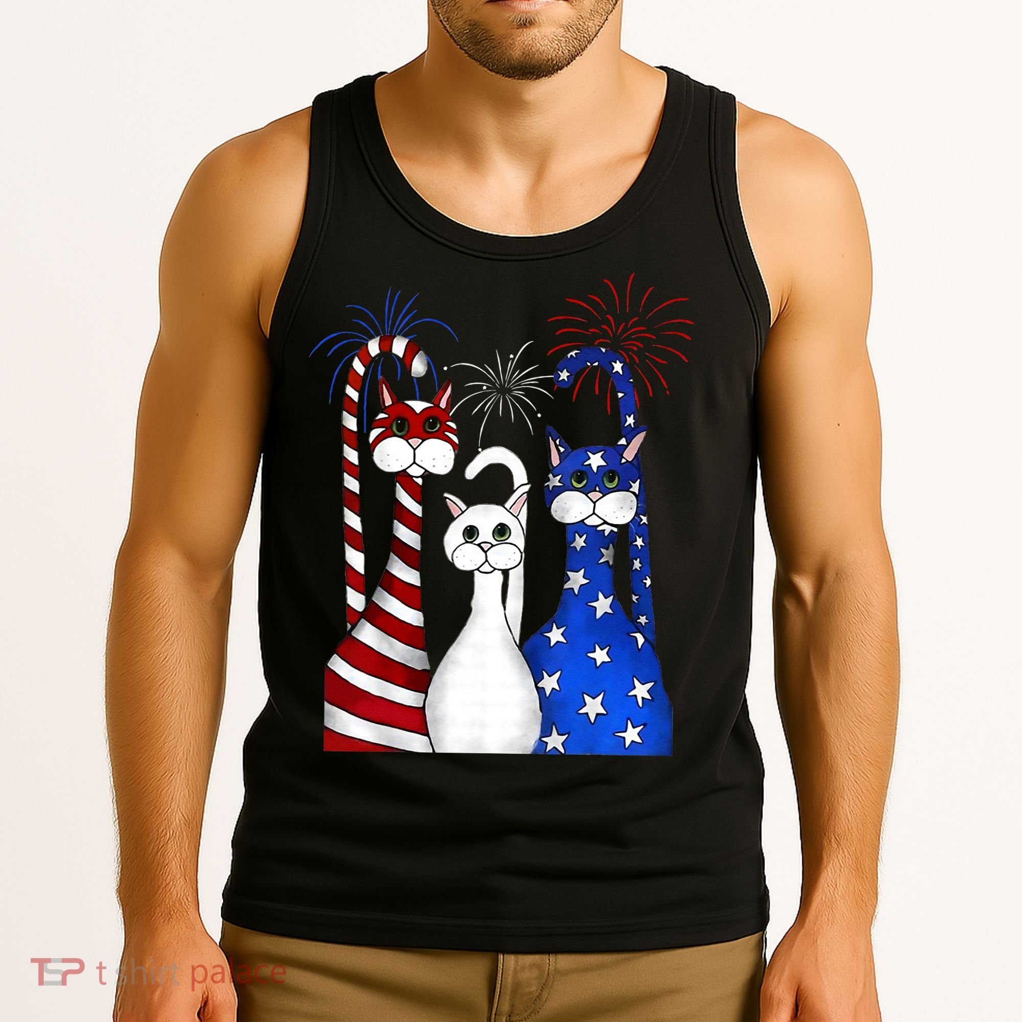 Red White Blue Cats USA Flag Firework 4th Of July Tank Top