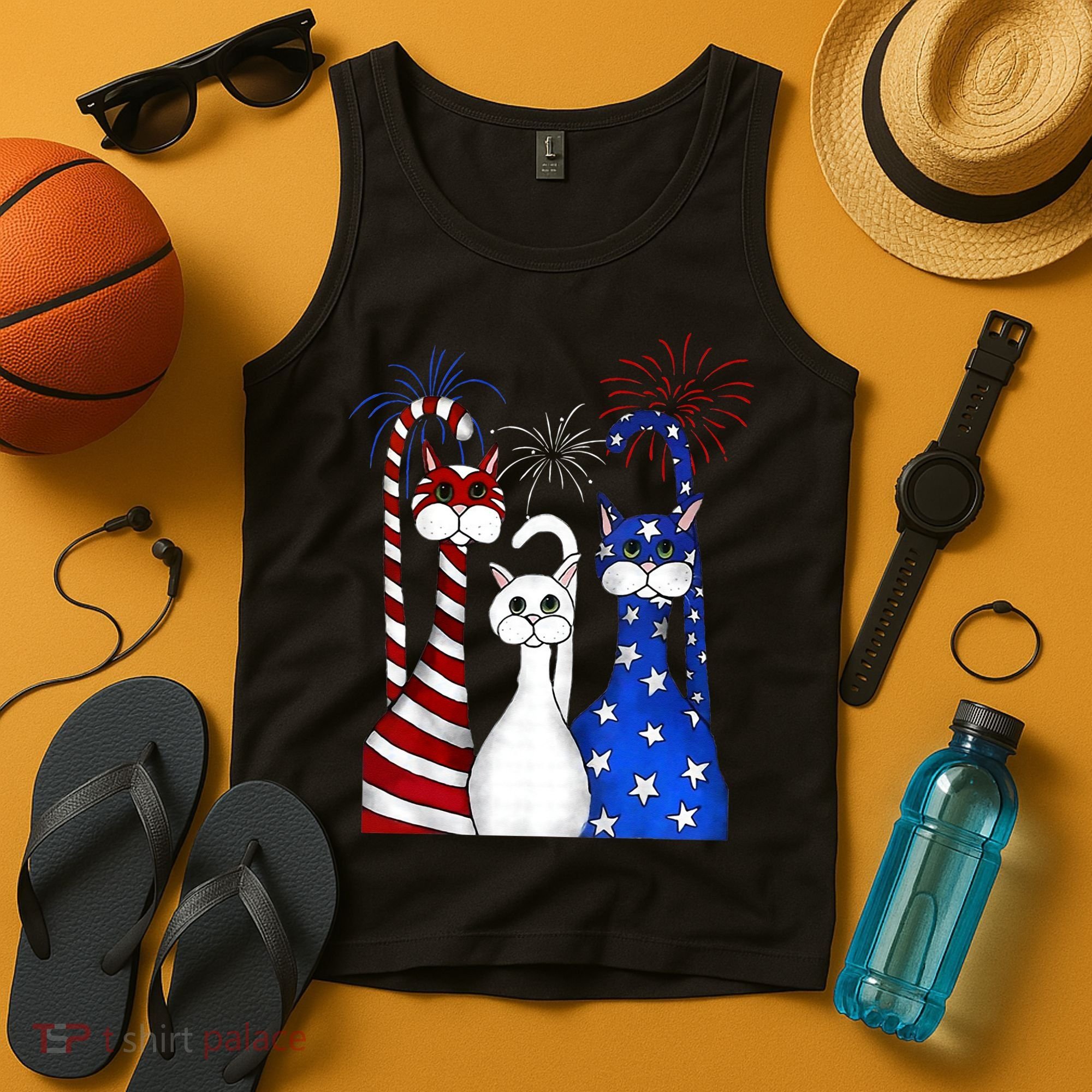 Red White Blue Cats USA Flag Firework 4th Of July Tank Top