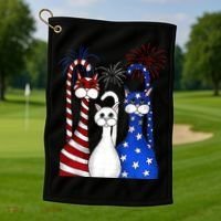 Red White Blue Cats USA Flag Firework 4th Of July Golf Towel thumb 1