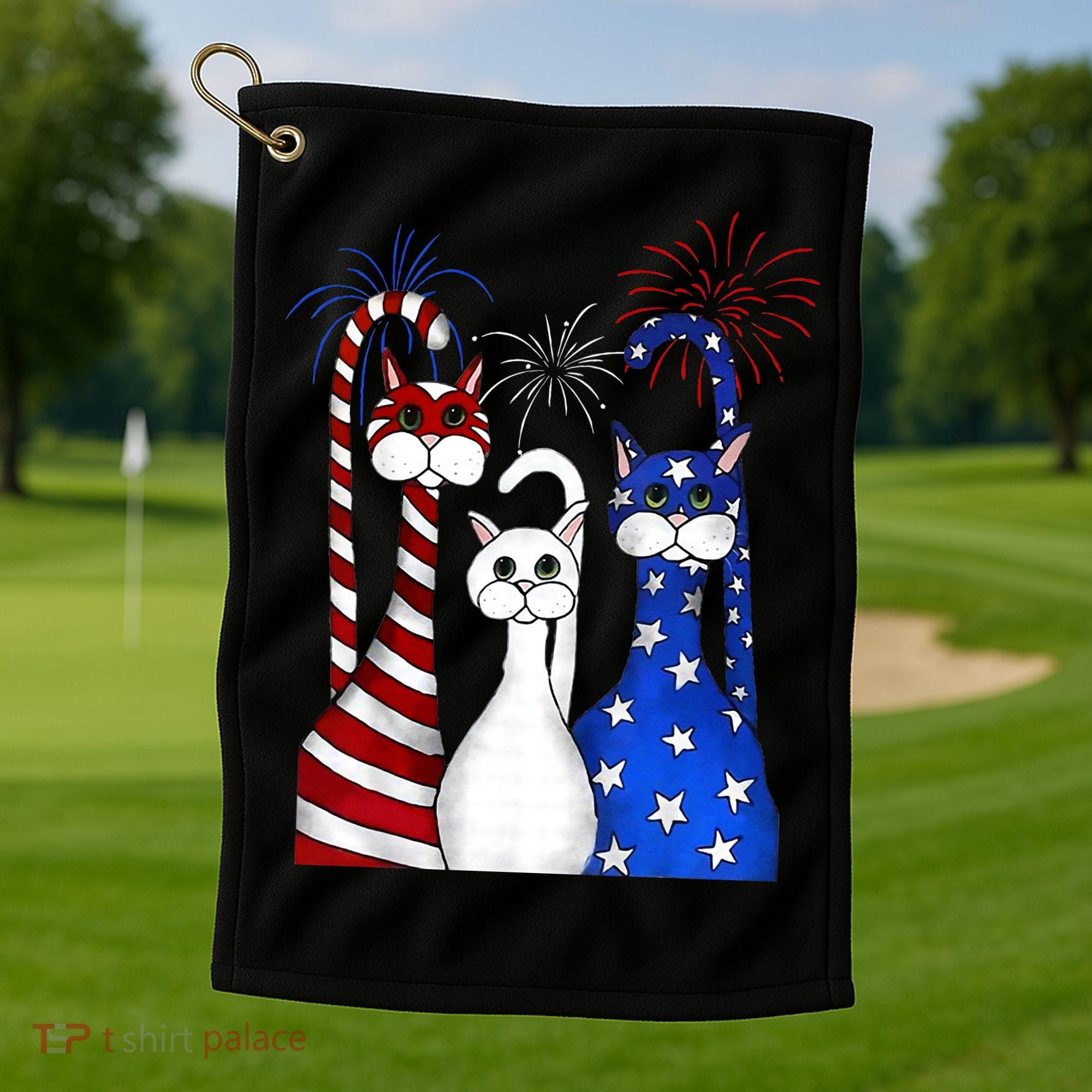 Red White Blue Cats USA Flag Firework 4th Of July Golf Towel