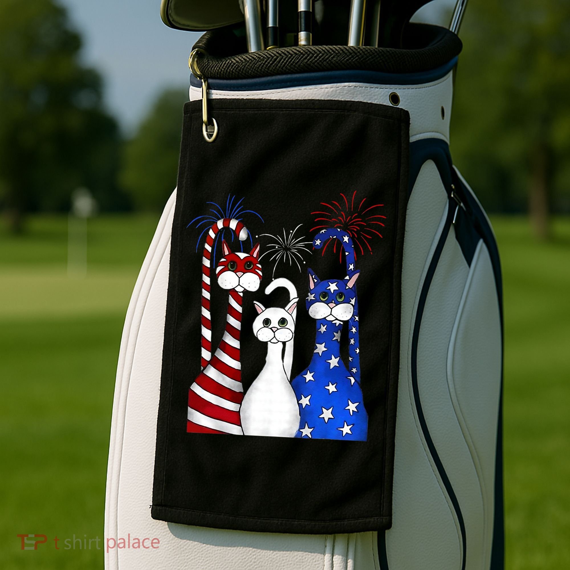 Red White Blue Cats USA Flag Firework 4th Of July Golf Towel