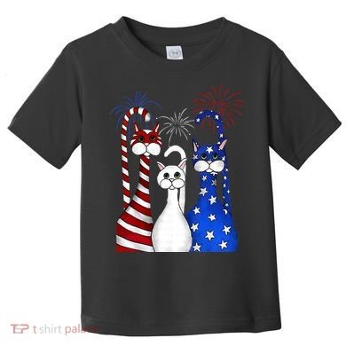 Red White Blue Cats USA Flag Firework 4th Of July Toddler T-Shirt