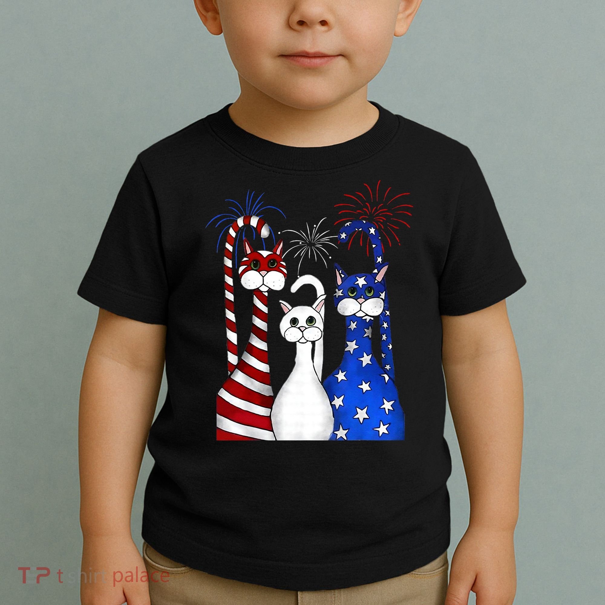 Red White Blue Cats USA Flag Firework 4th Of July Toddler T-Shirt