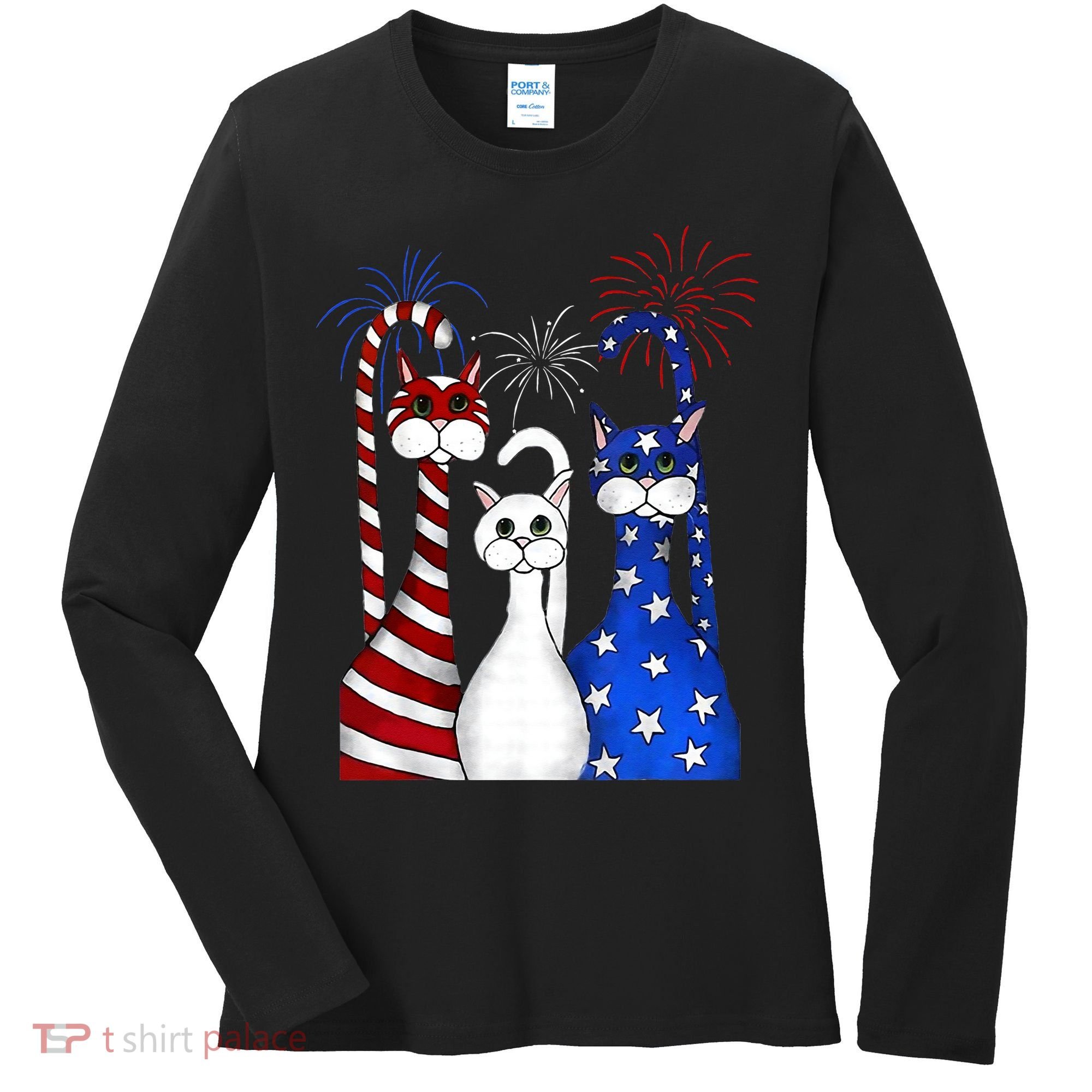 Red White Blue Cats USA Flag Firework 4th Of July Women's Long Sleeve Shirt