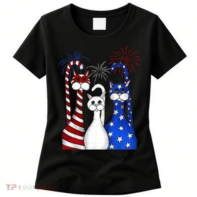 Red White Blue Cats USA Flag Firework 4th Of July Women's T-Shirt