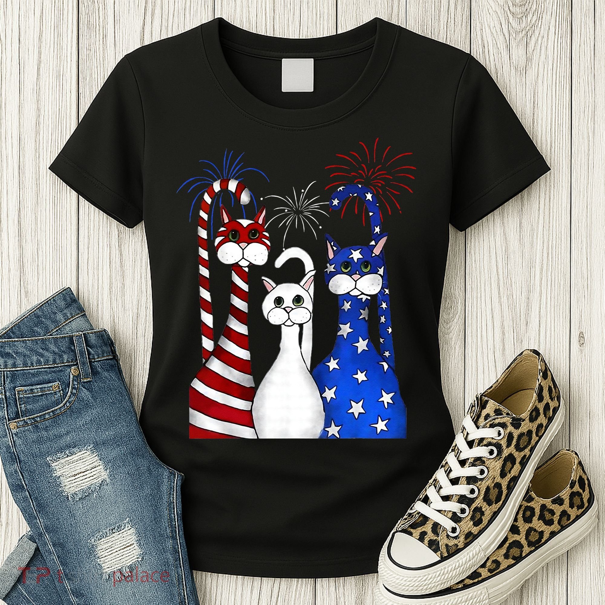 Red White Blue Cats USA Flag Firework 4th Of July Women's T-Shirt