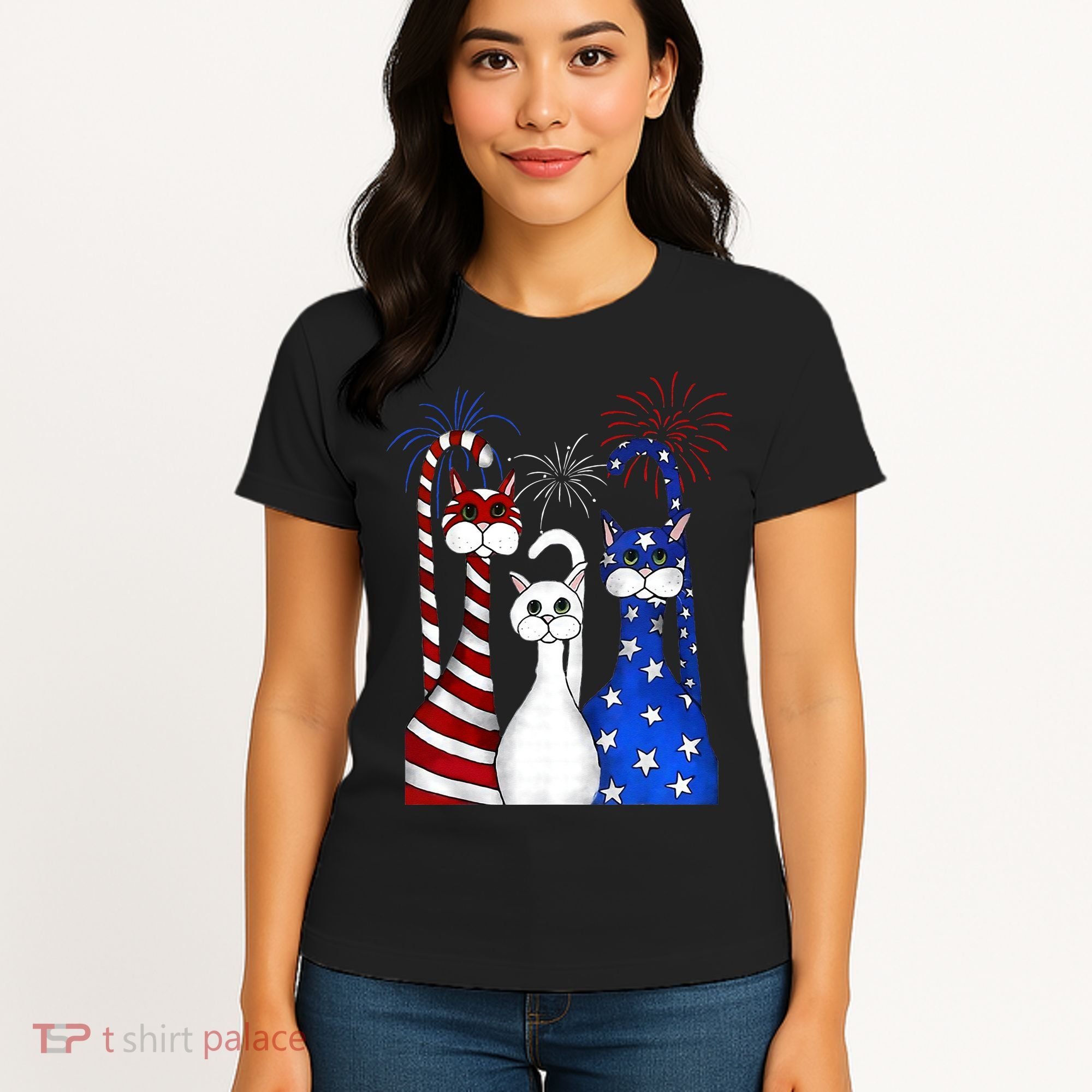 Red White Blue Cats USA Flag Firework 4th Of July Women's T-Shirt
