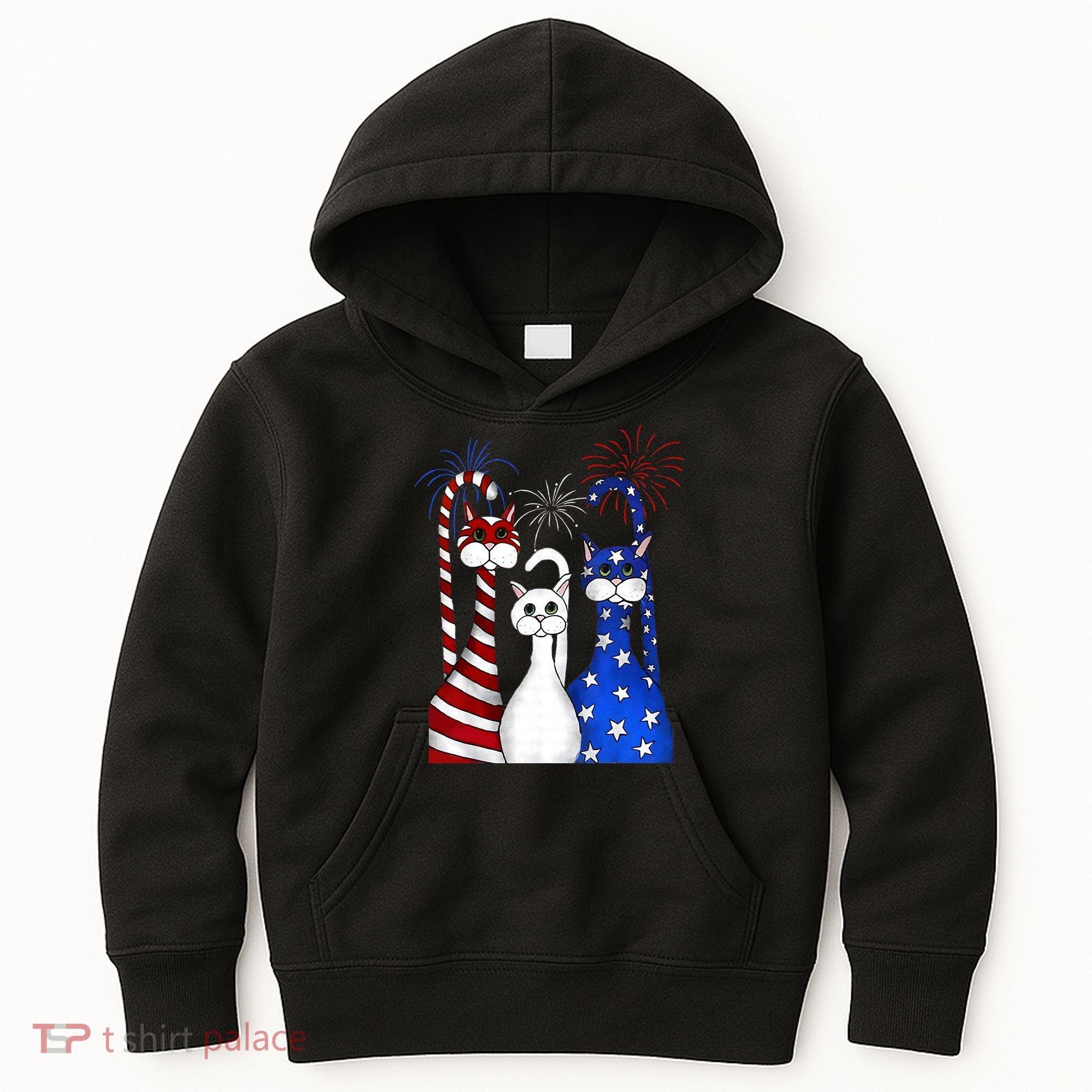 Red White Blue Cats USA Flag Firework 4th Of July Kids Hoodie