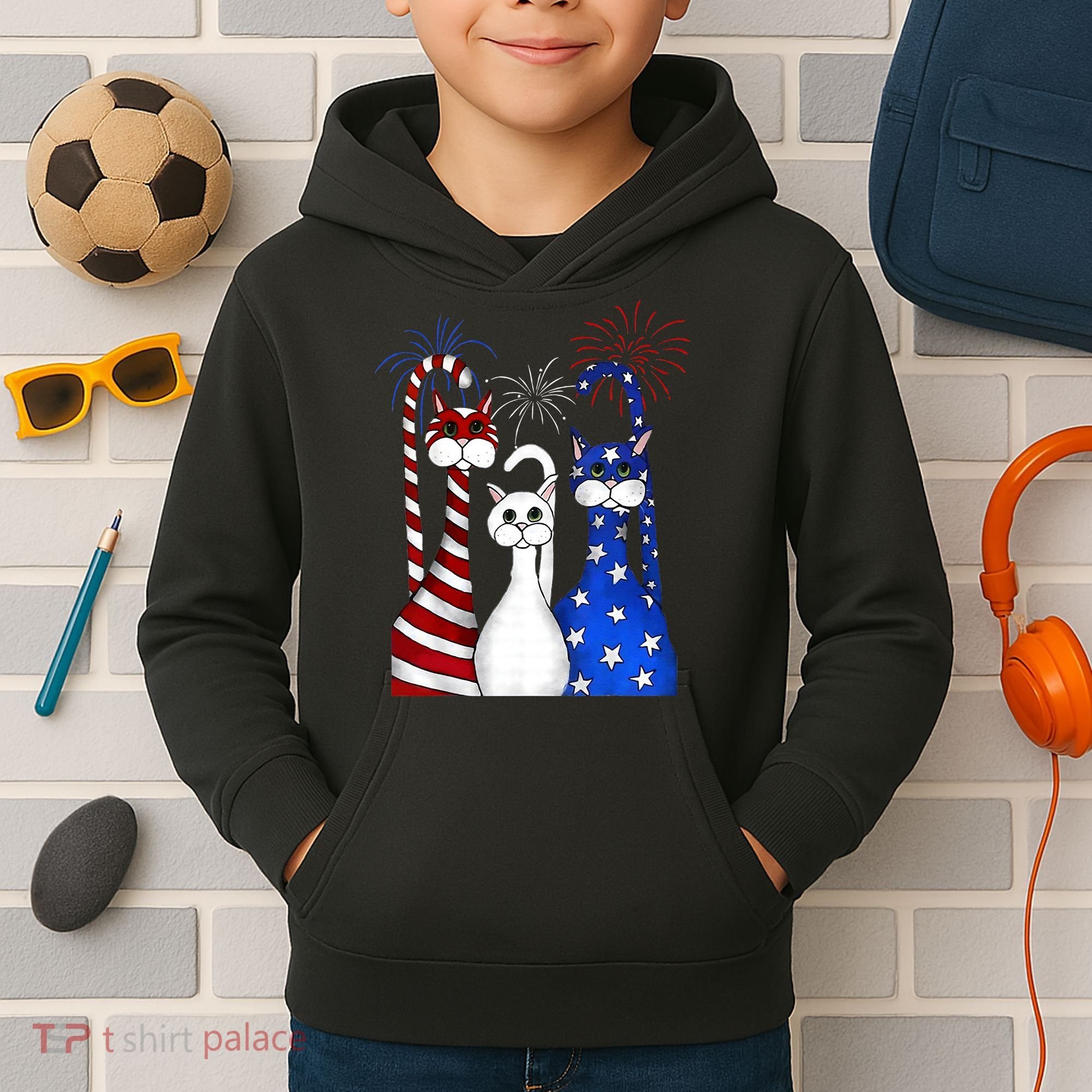 Red White Blue Cats USA Flag Firework 4th Of July Kids Hoodie
