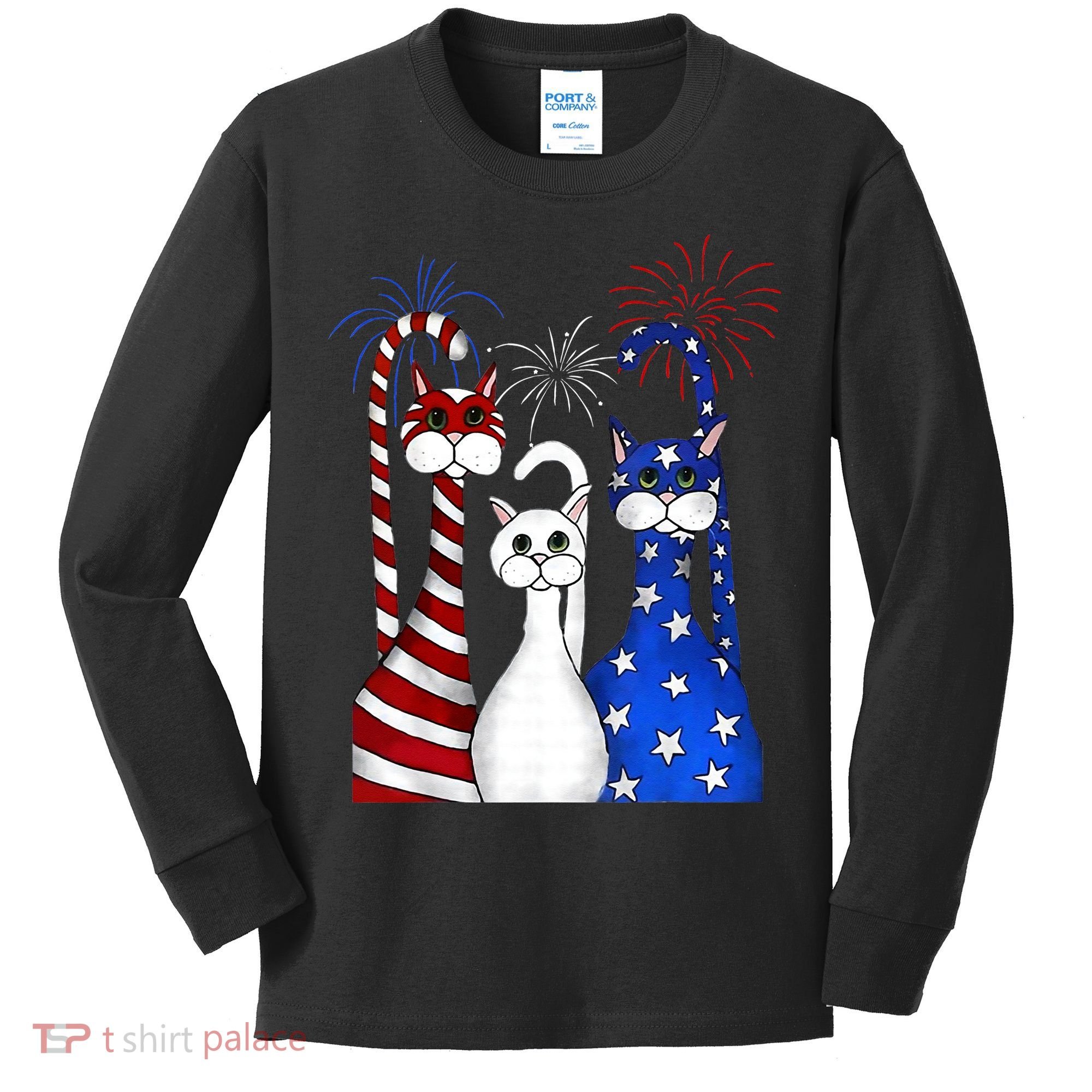 Red White Blue Cats USA Flag Firework 4th Of July Kids Long Sleeve Shirt
