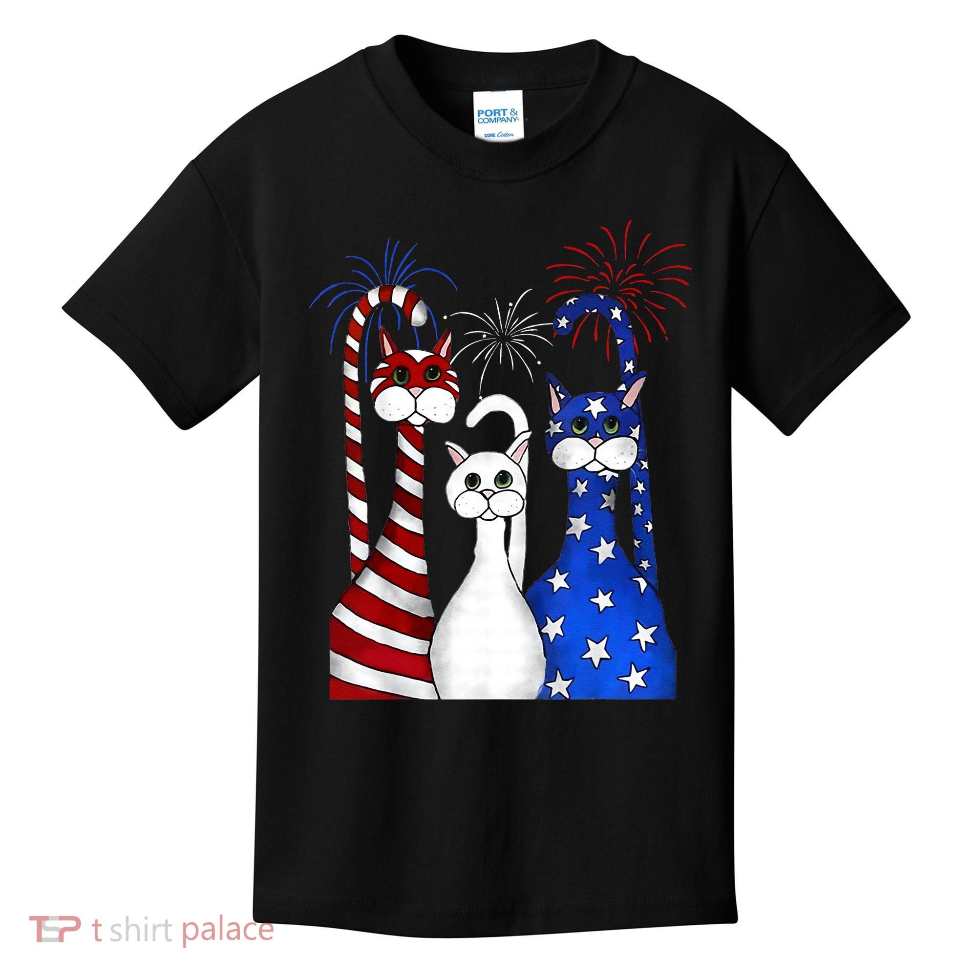 Red White Blue Cats USA Flag Firework 4th Of July Kids T-Shirt