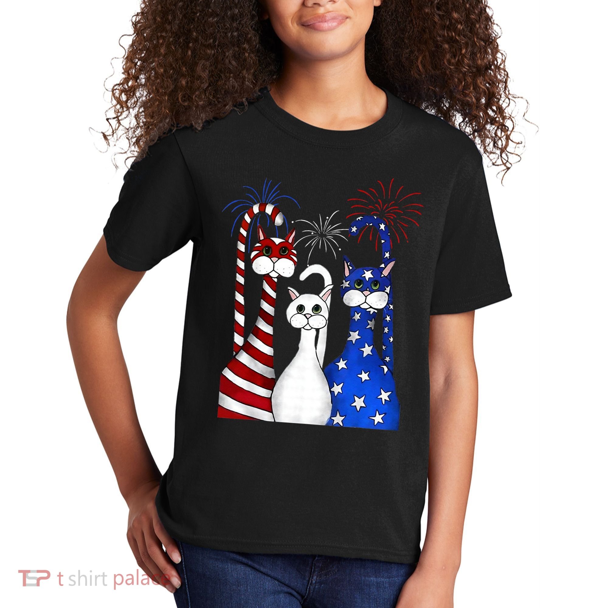 Red White Blue Cats USA Flag Firework 4th Of July Kids T-Shirt