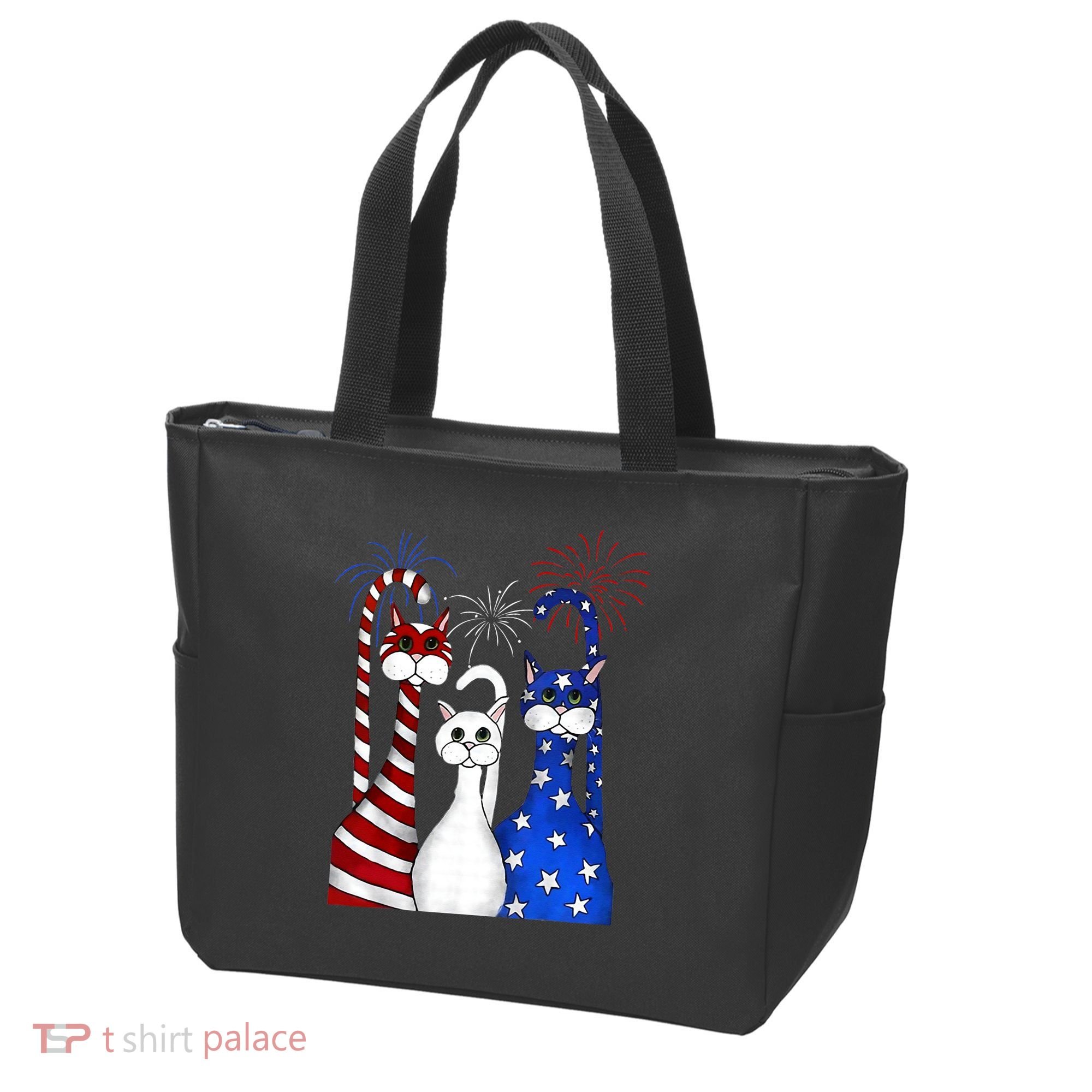 Red White Blue Cats USA Flag Firework 4th Of July Tote Bag