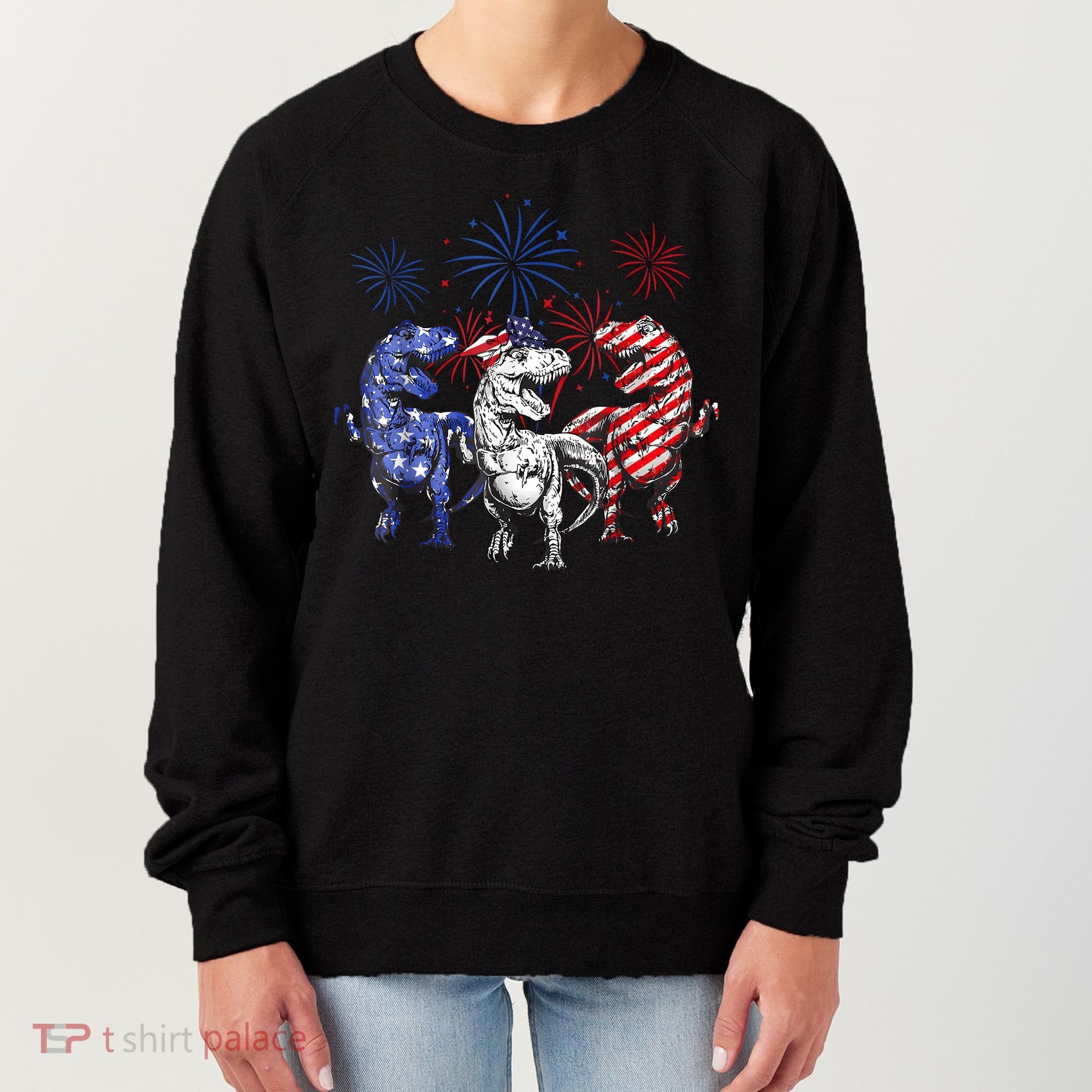 Red White Blue T Rex Dinosaur Firework 4th Of July Women's Sweatshirt