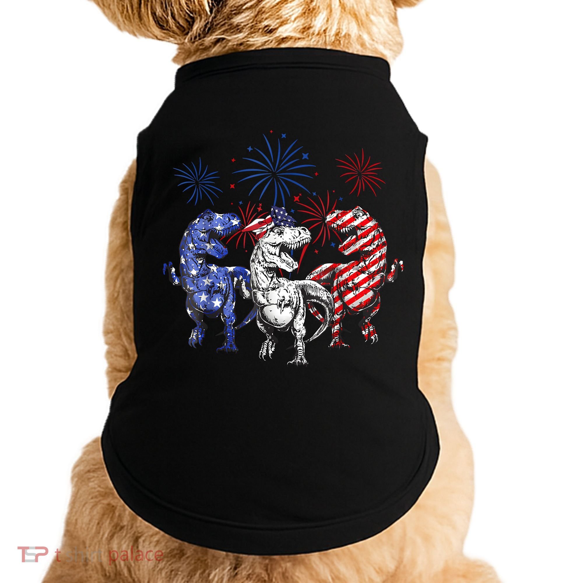 Red White Blue T Rex Dinosaur Firework 4th Of July Doggie Tank