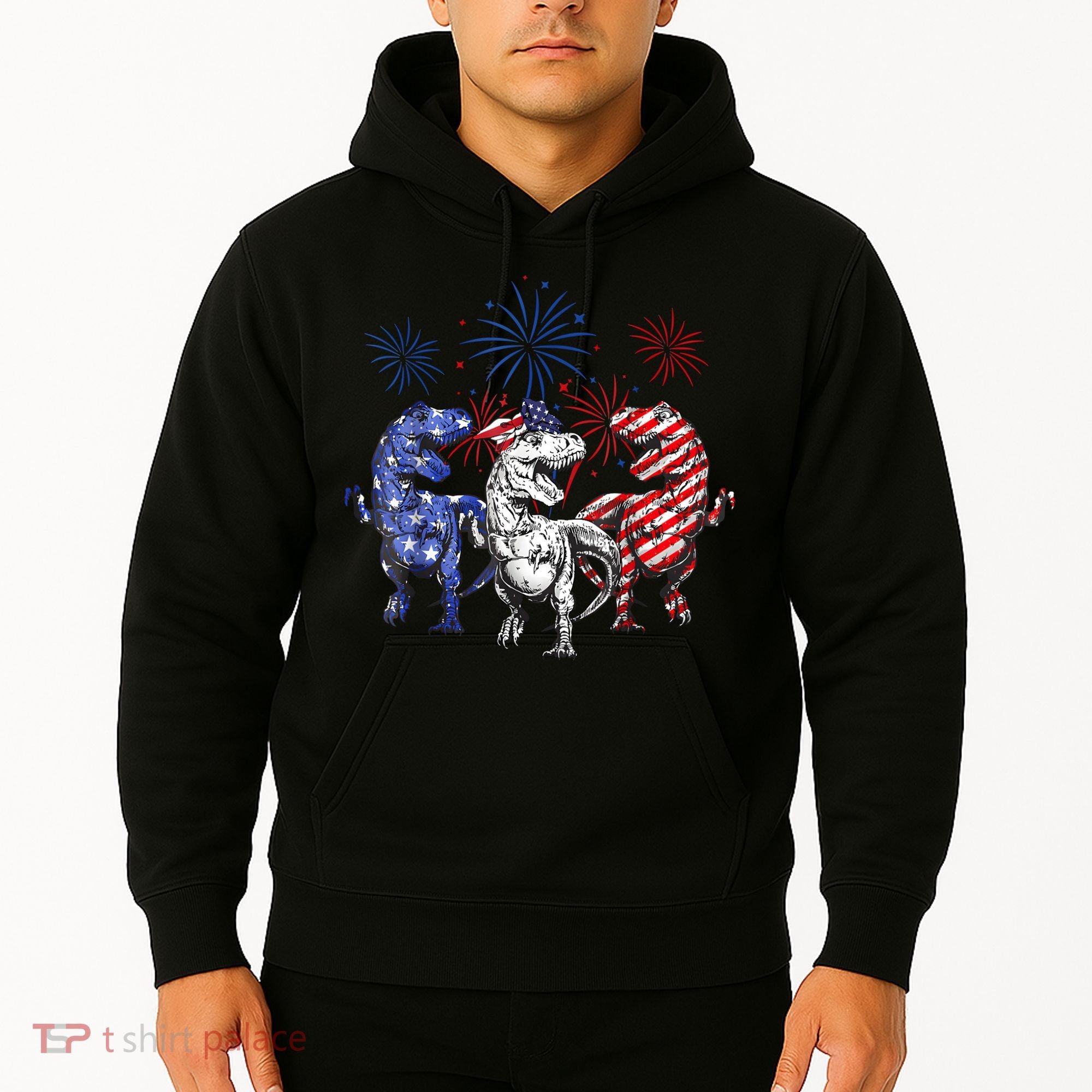 Red White Blue T Rex Dinosaur Firework 4th Of July Hoodie