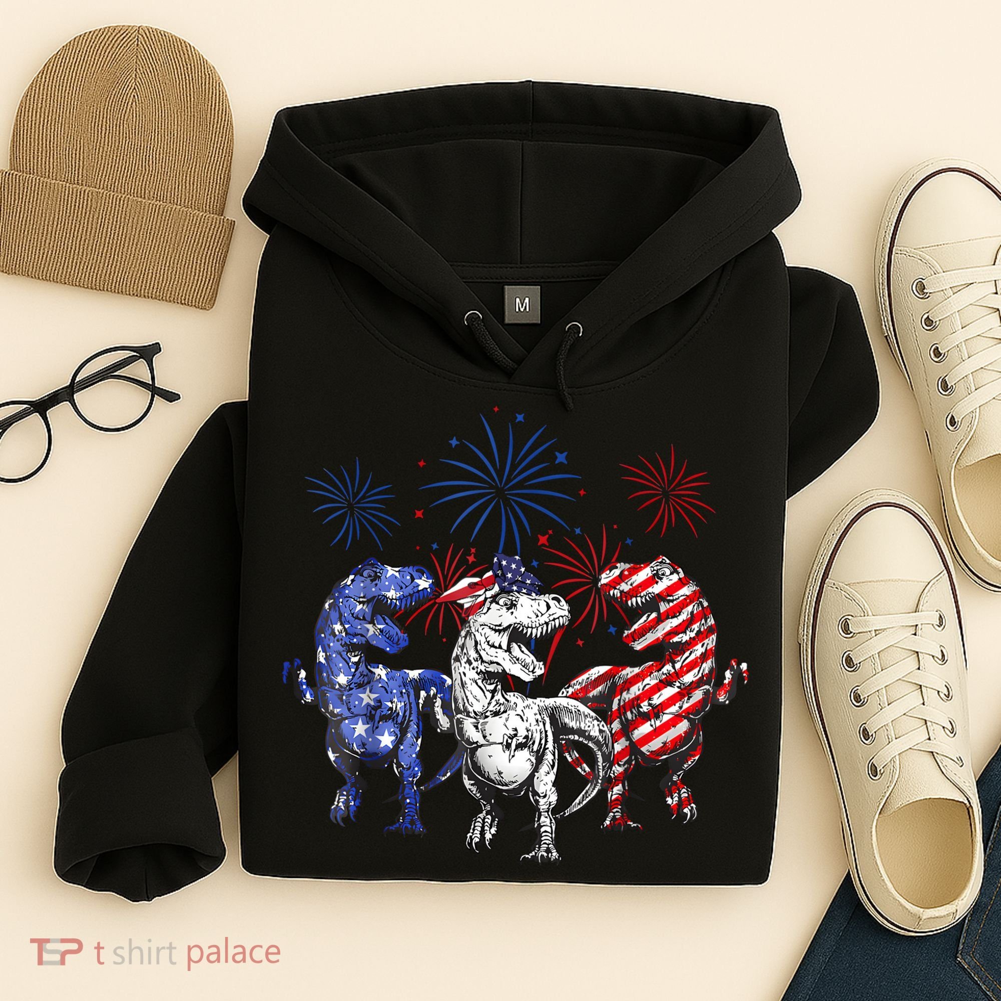 Red White Blue T Rex Dinosaur Firework 4th Of July Hoodie