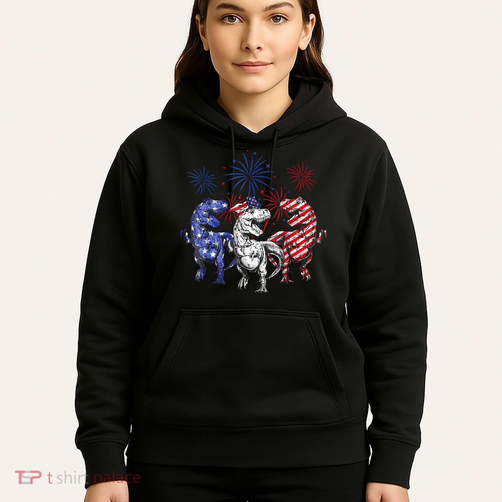 Red White Blue T Rex Dinosaur Firework 4th Of July Hoodie