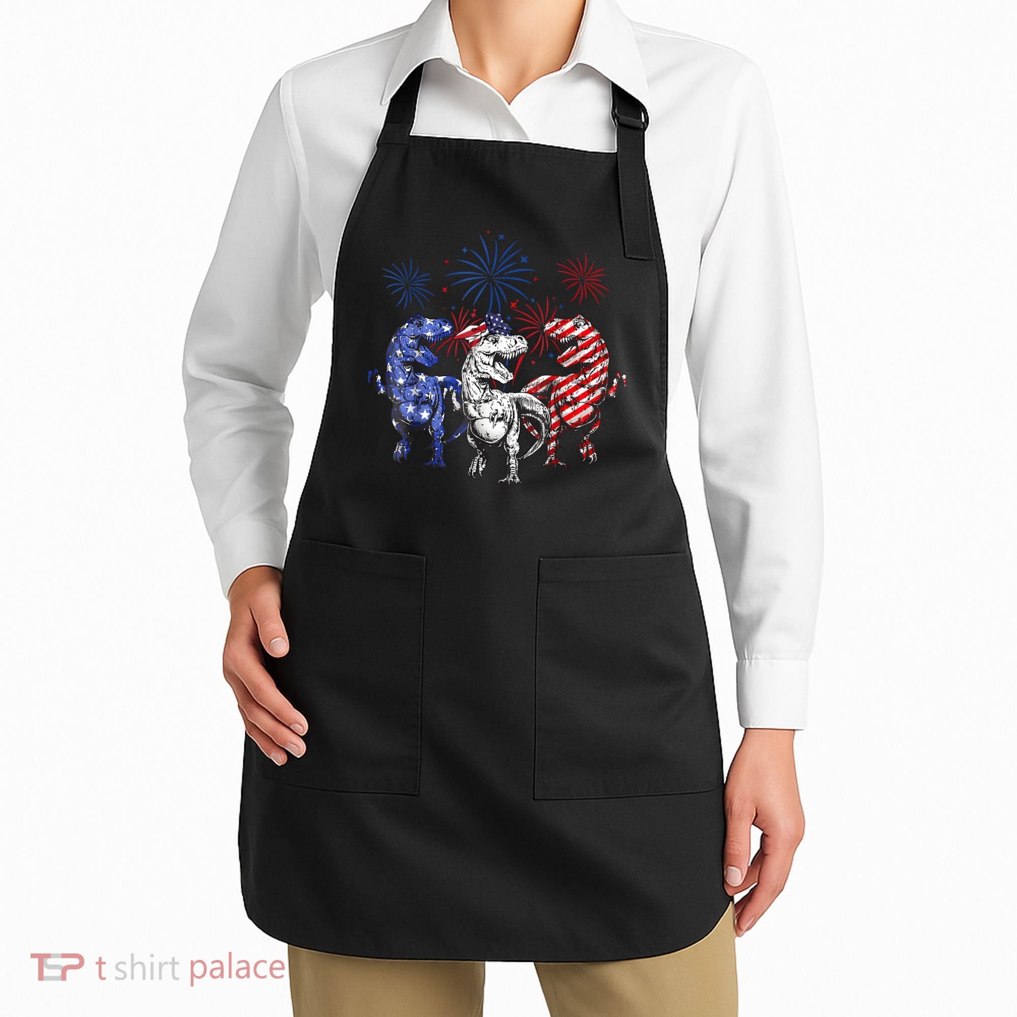 Red White Blue T Rex Dinosaur Firework 4th Of July Apron