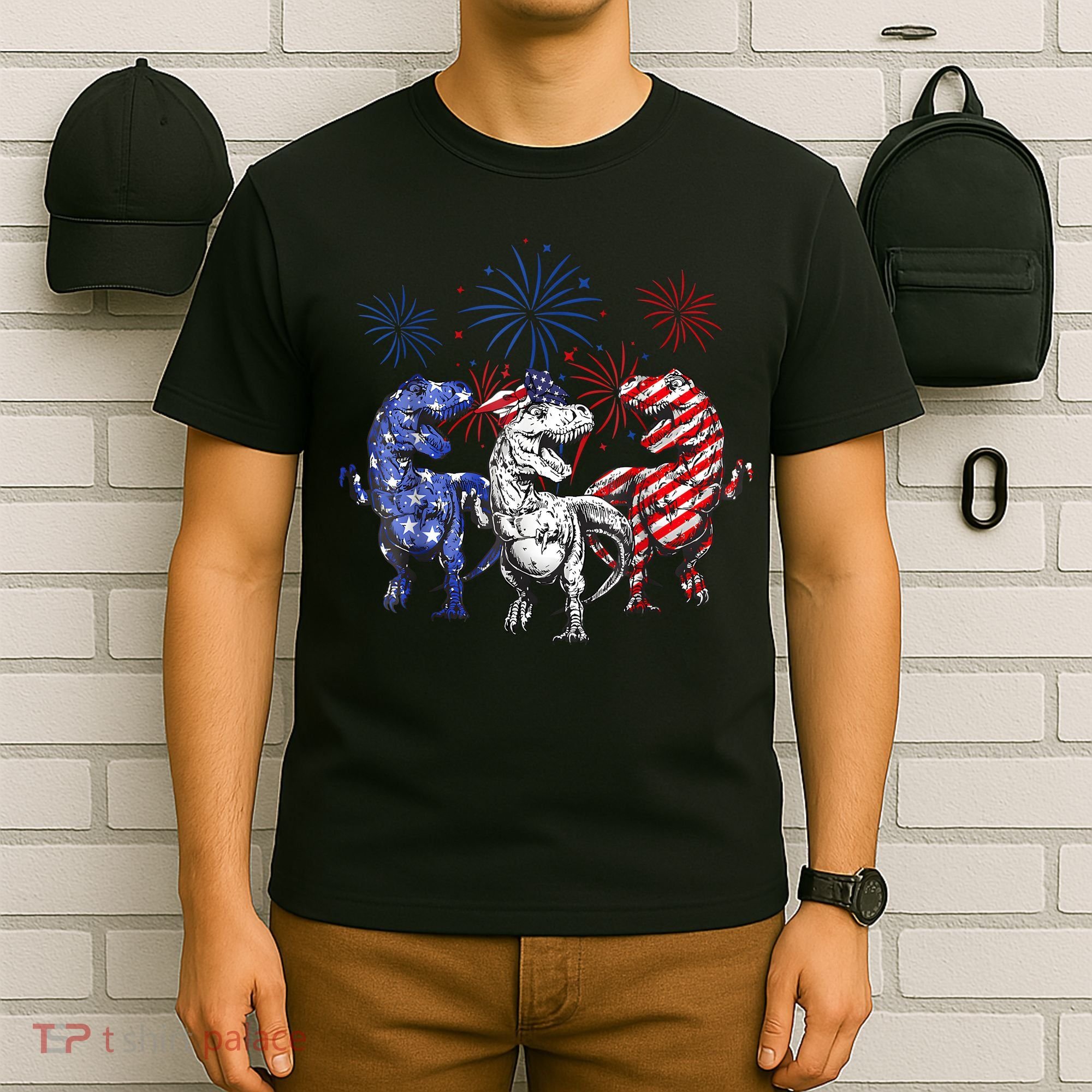 Red White Blue T Rex Dinosaur Firework 4th Of July T-Shirt