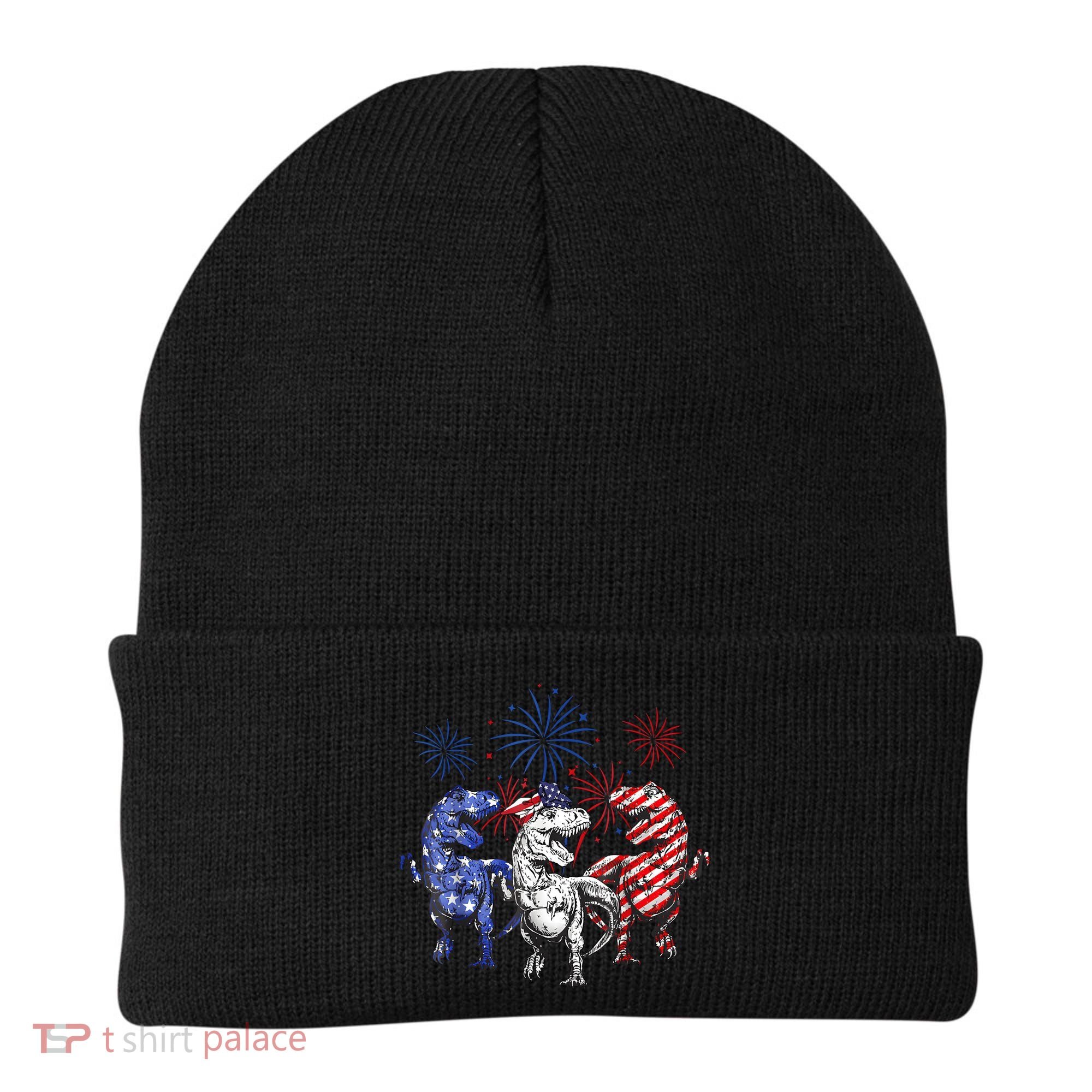 Red White Blue T Rex Dinosaur Firework 4th Of July Beanie
