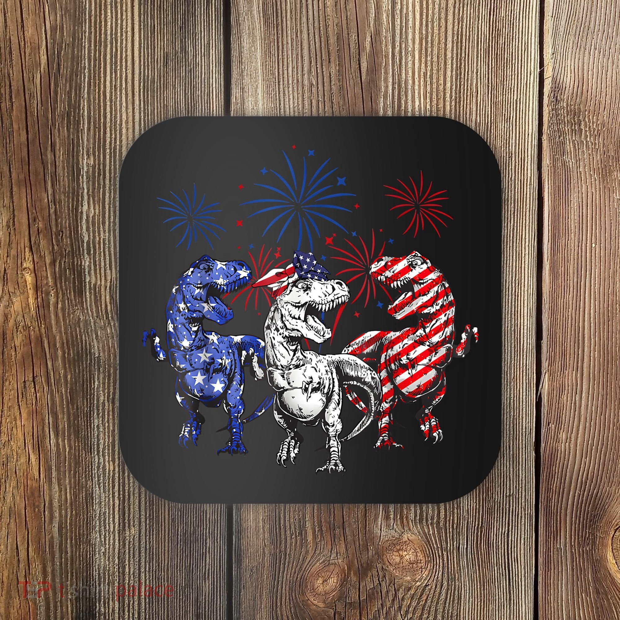 Red White Blue T Rex Dinosaur Firework 4th Of July Coaster