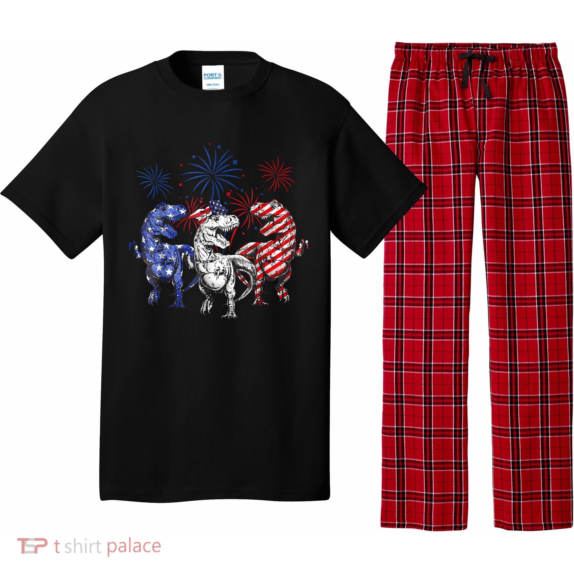 Red White Blue T Rex Dinosaur Firework 4th Of July Pajama Set
