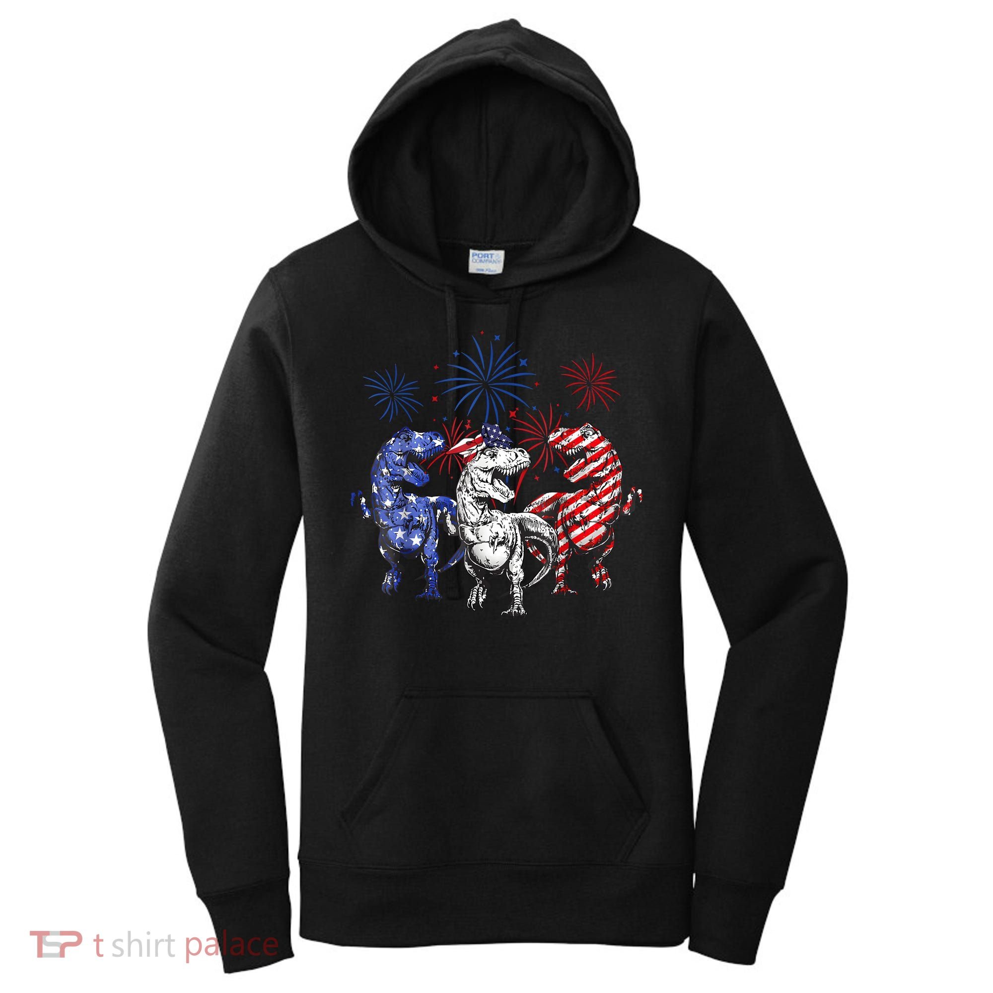 Red White Blue T Rex Dinosaur Firework 4th Of July Women's Hoodie