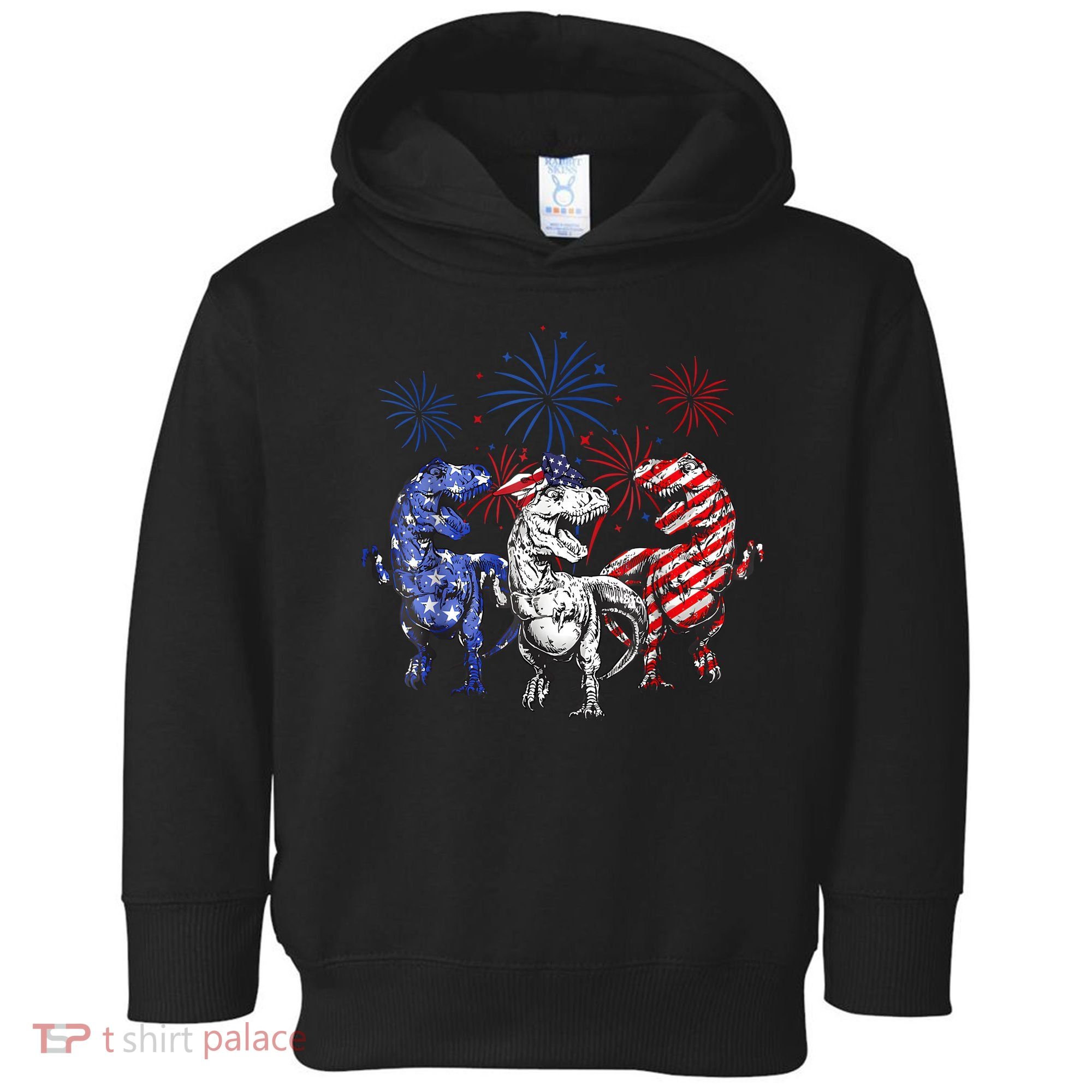 Red White Blue T Rex Dinosaur Firework 4th Of July Toddler Hoodie