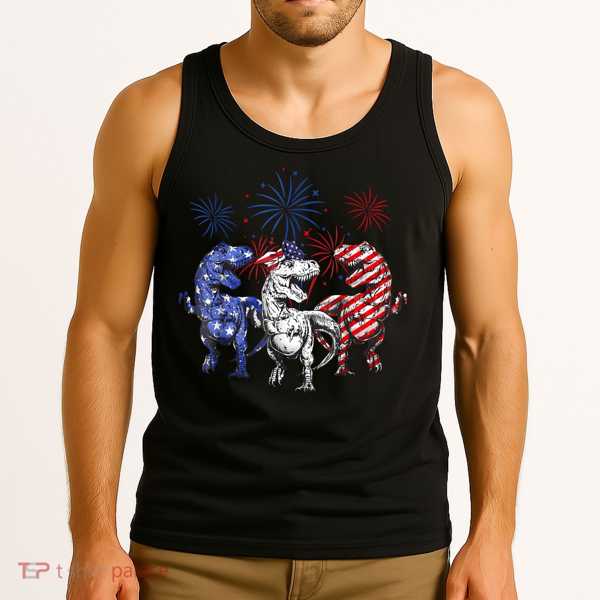 Red White Blue T Rex Dinosaur Firework 4th Of July Tank Top