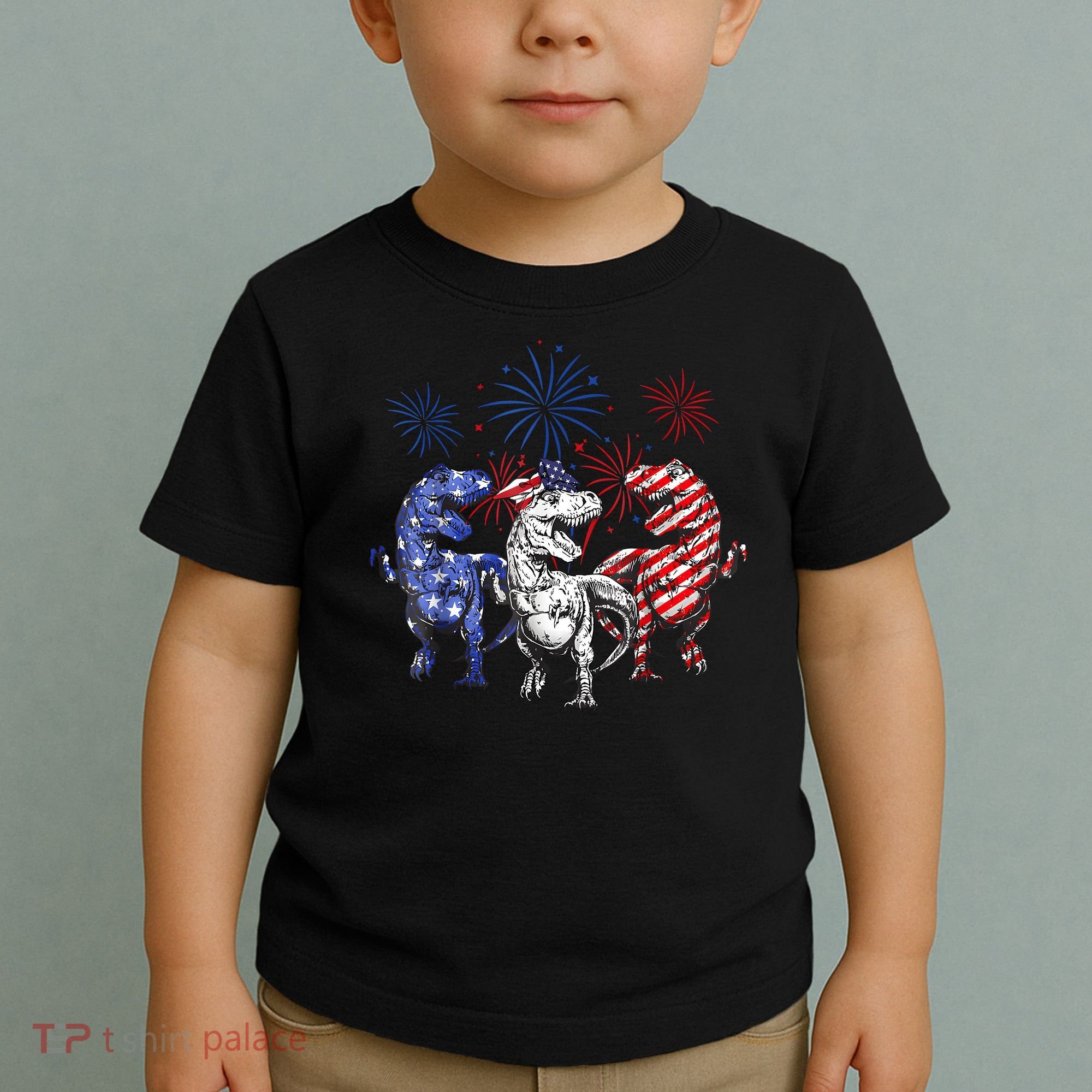 Red White Blue T Rex Dinosaur Firework 4th Of July Toddler T-Shirt